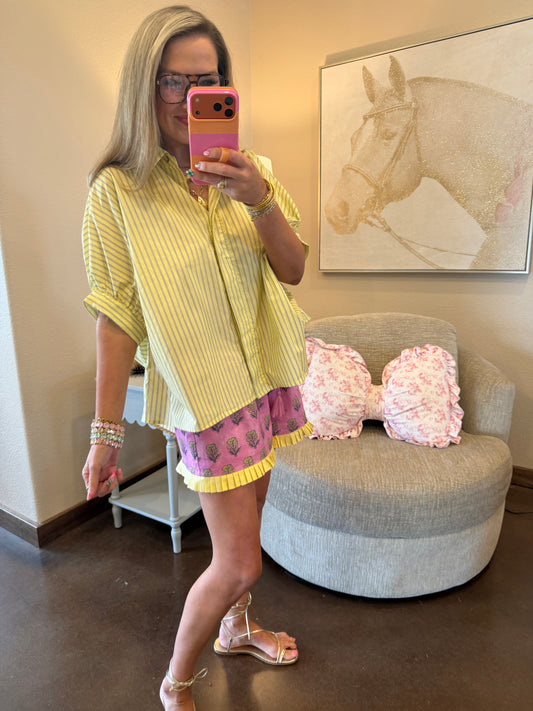 Yellow Collar Neck Short Kimono Sleeve Button Down Stripe Shirt