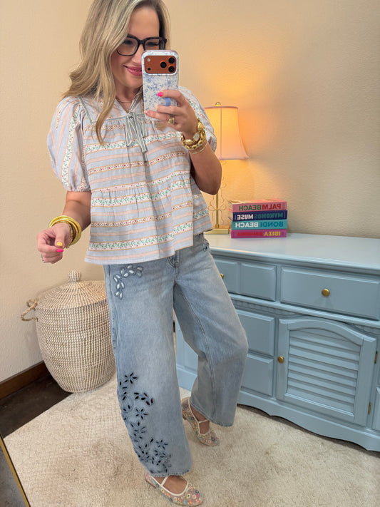 Light Blue Floral Embroidered Stripe Puff Sleeve Blouse