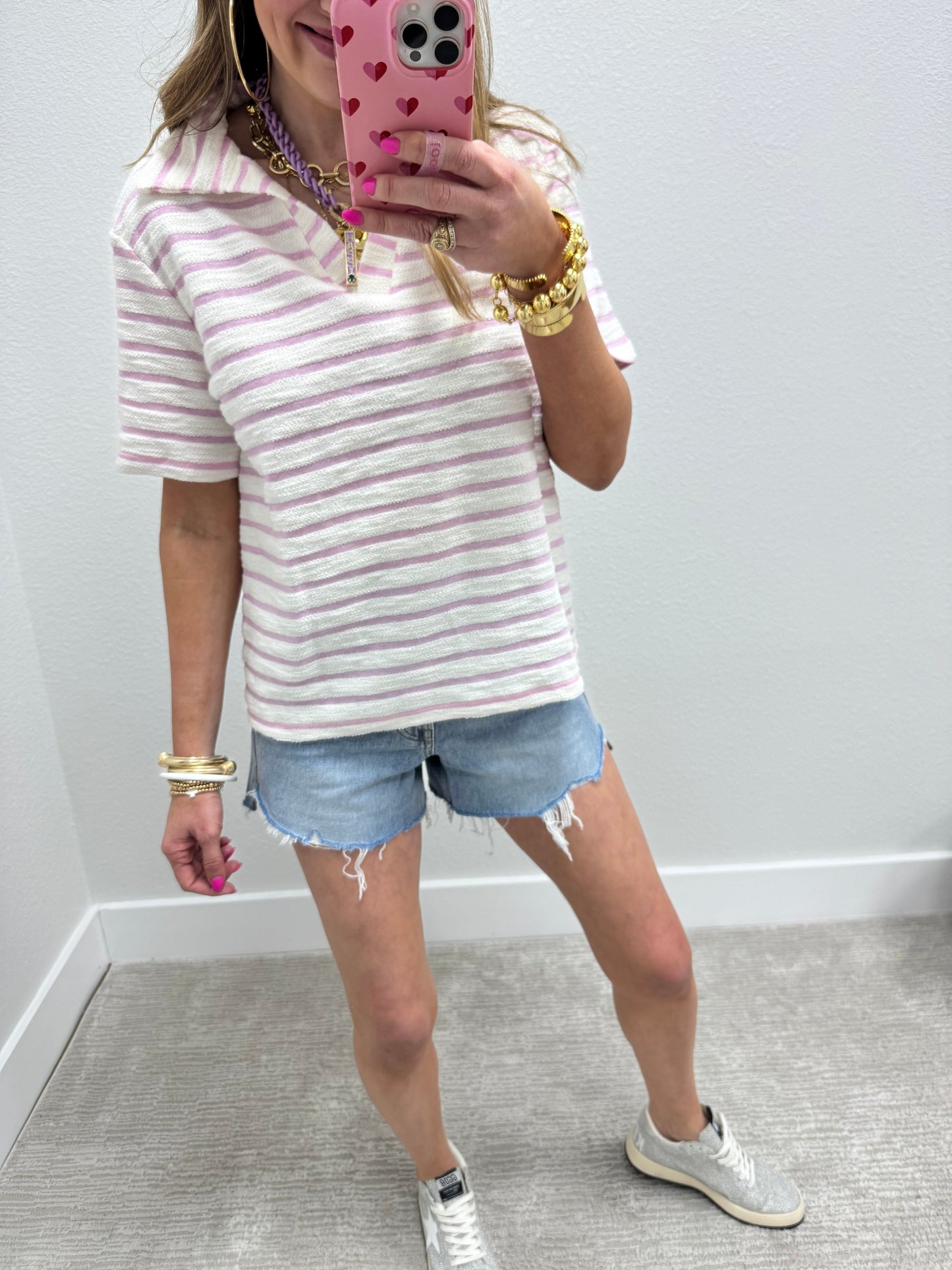 Pink and Cream French Terry Style Striped Vneck Collared Top
