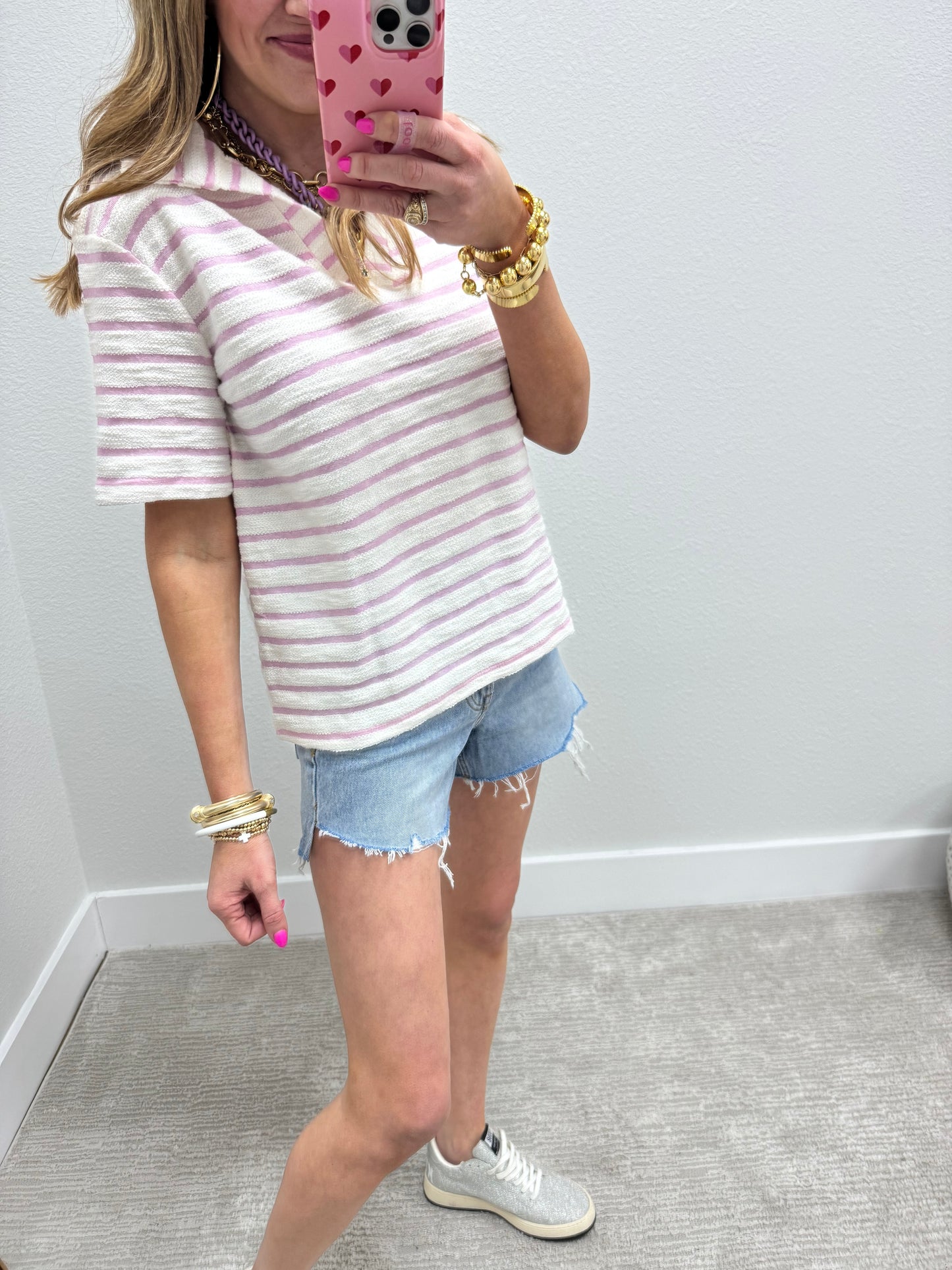 Pink and Cream French Terry Style Striped Vneck Collared Top