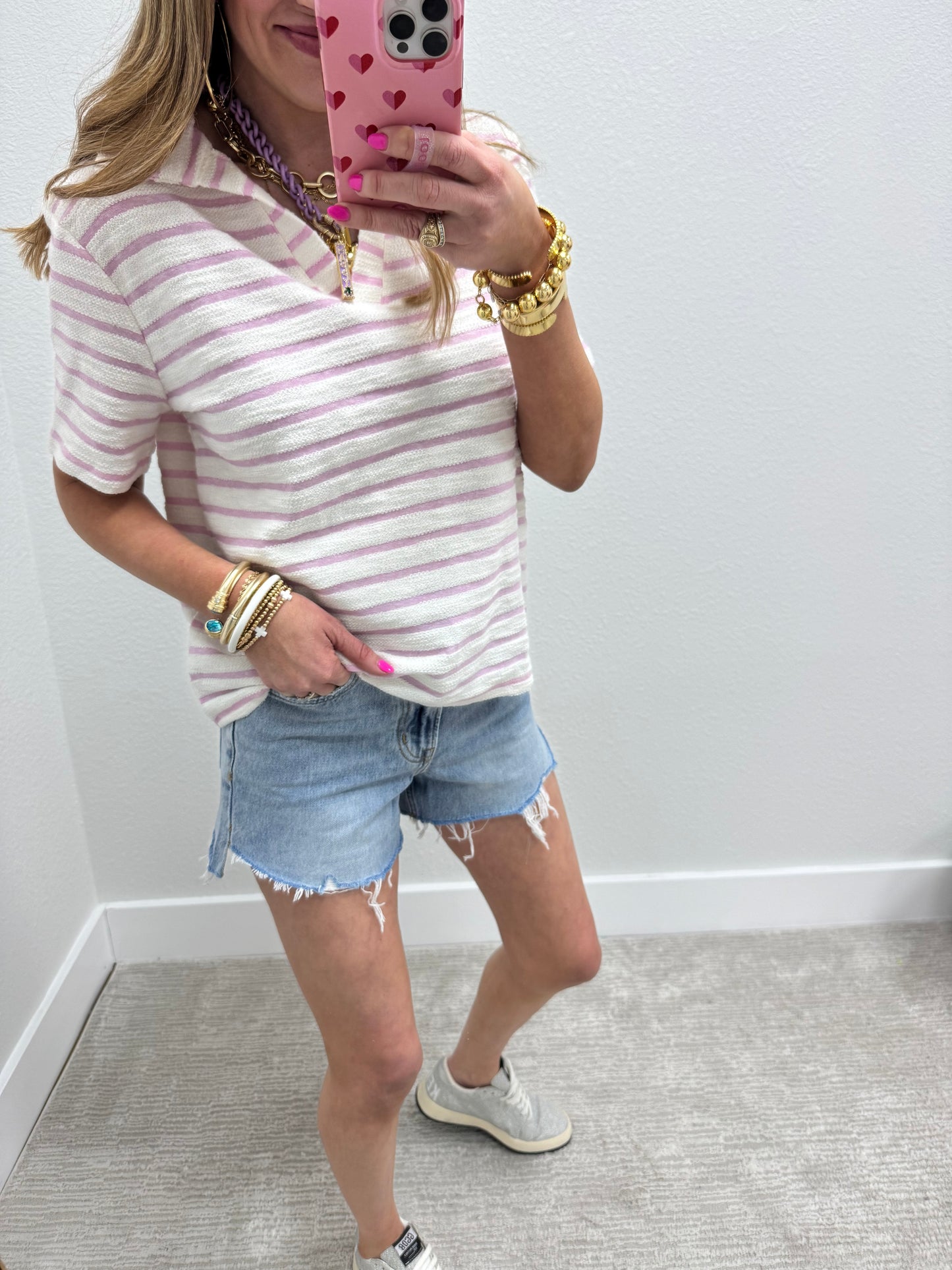 Pink and Cream French Terry Style Striped Vneck Collared Top