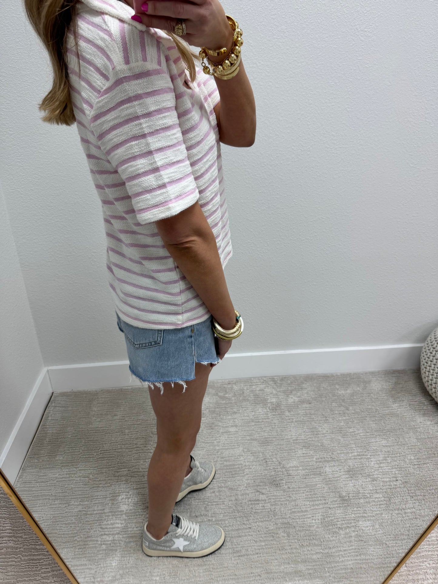 Pink and Cream French Terry Style Striped Vneck Collared Top