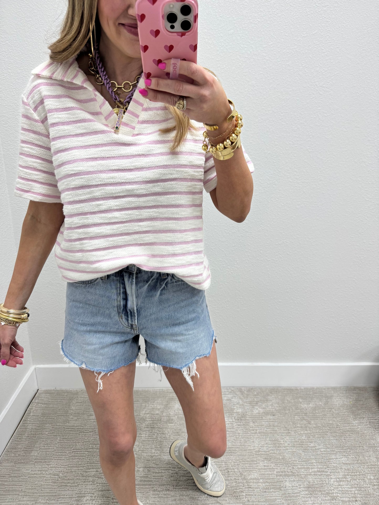 Pink and Cream French Terry Style Striped Vneck Collared Top