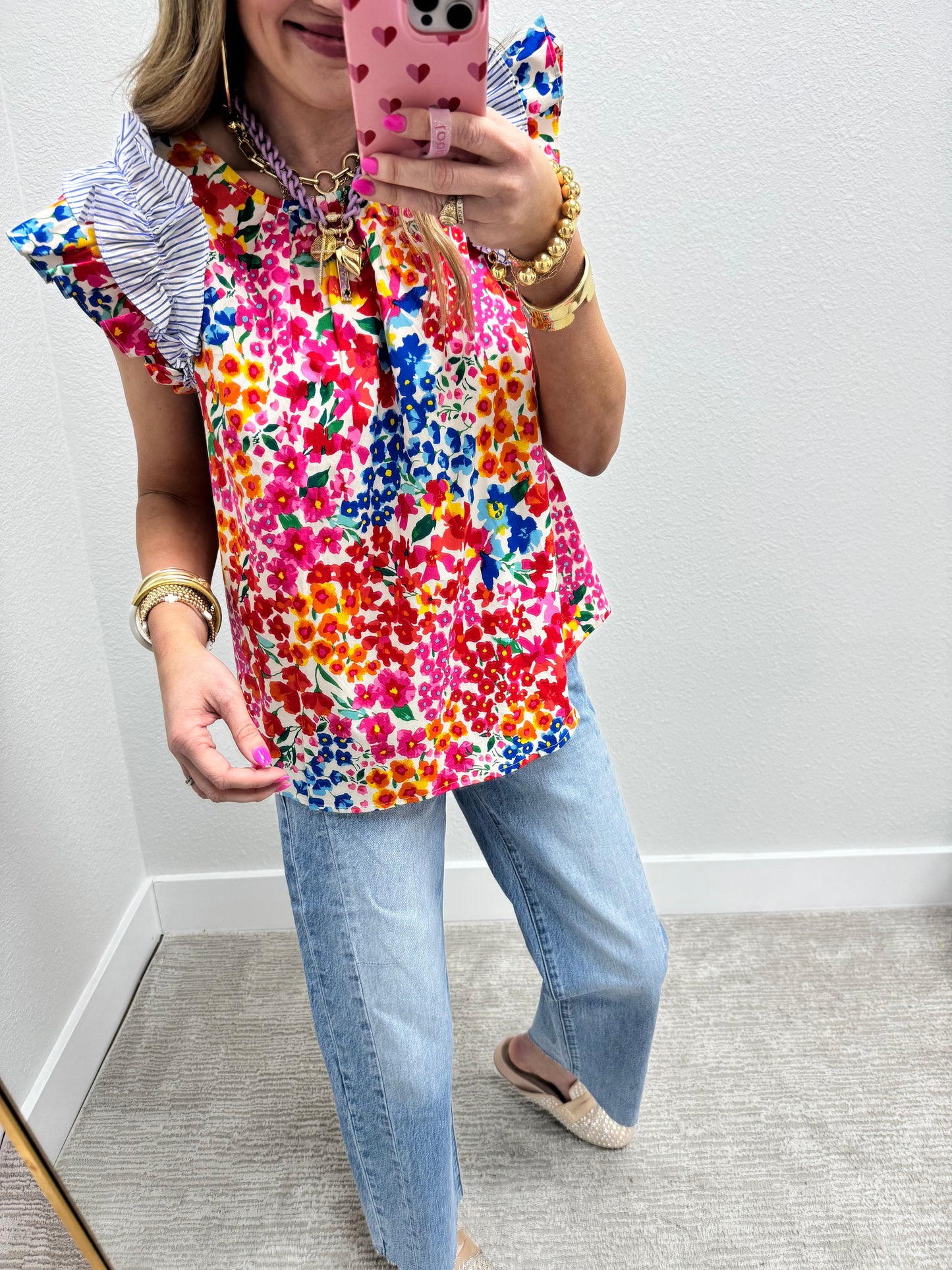 Blue Multi Stripe and Floral Top
