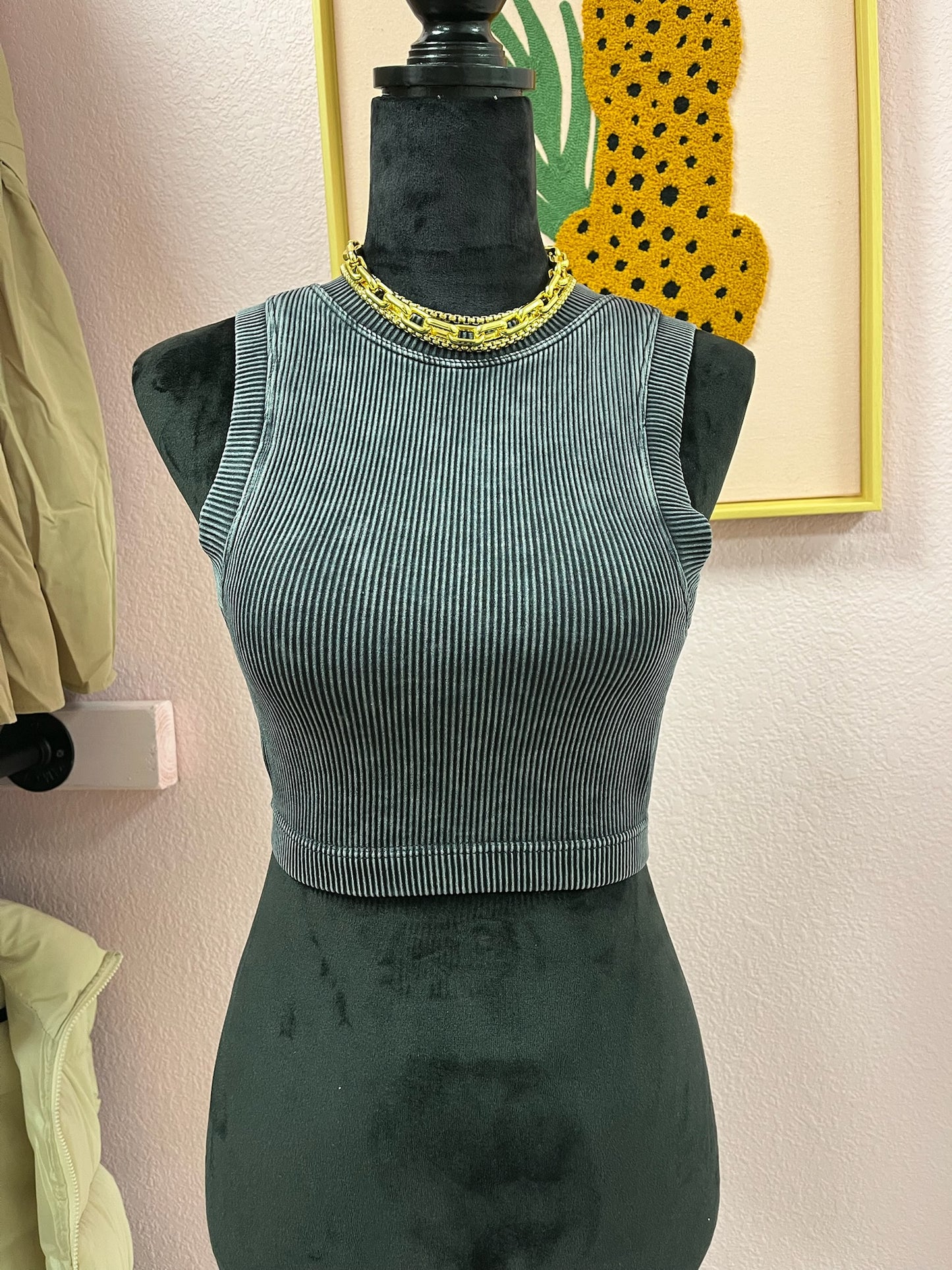 Black Seamless Ribbed Crop Tank With Built In Bra