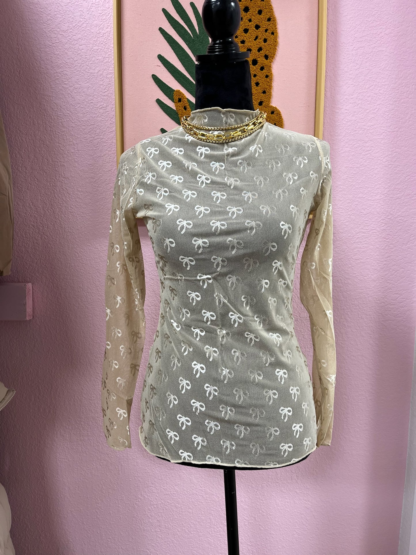 Tan Sheer Lace Bow Long Sleeve FS