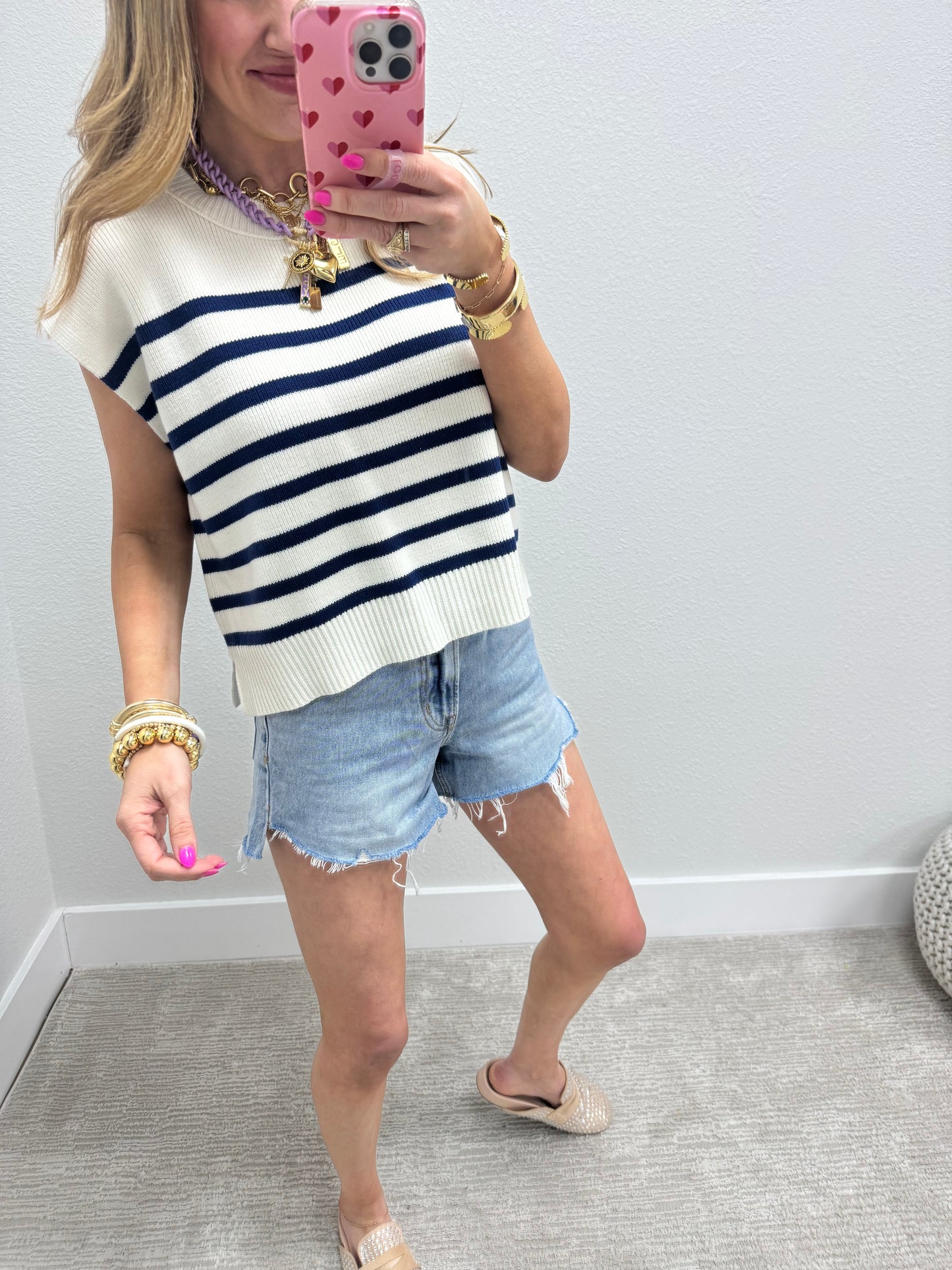 Navy and Cream Striped Sweater Vest Top
