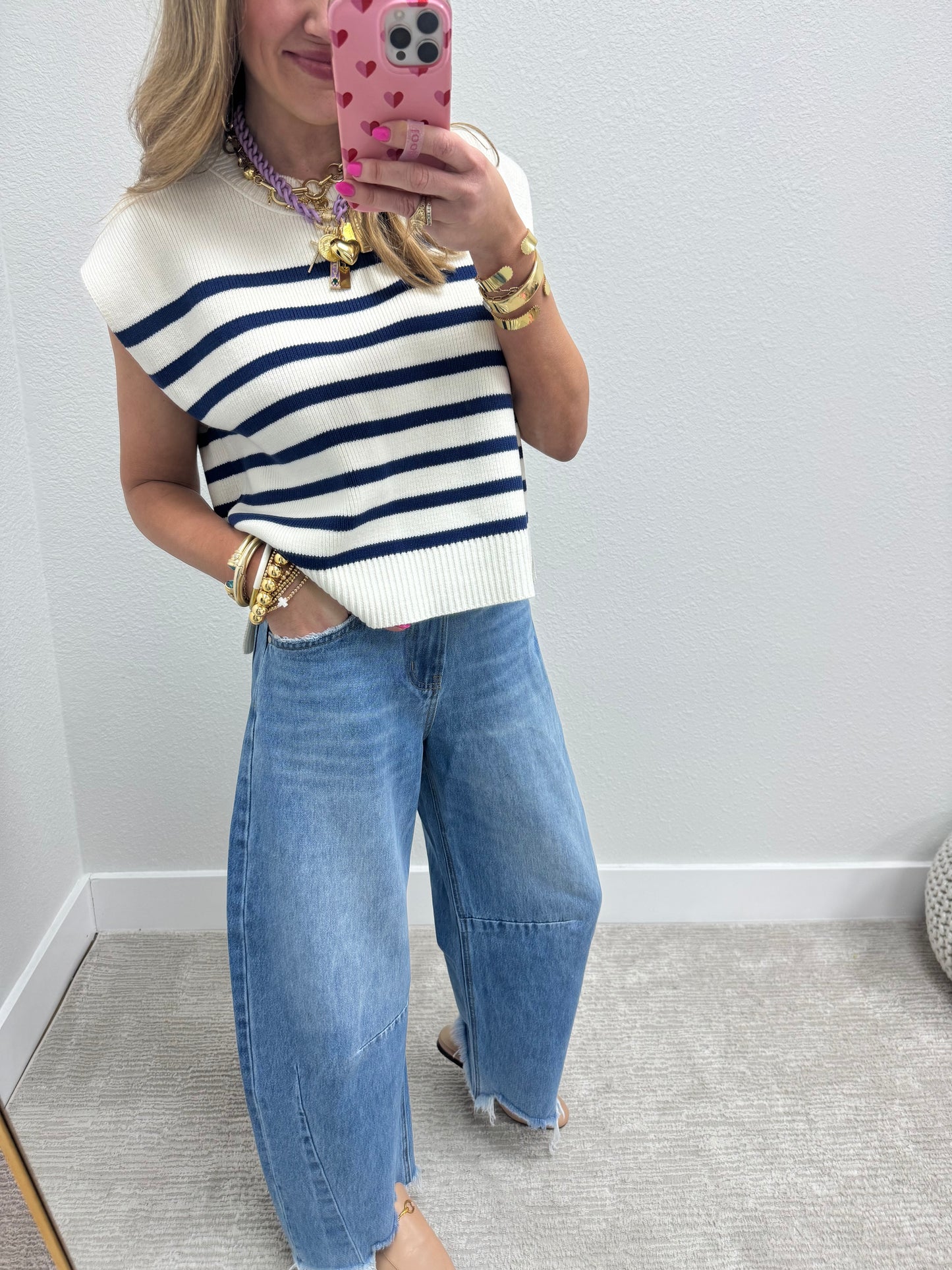 Navy and Cream Striped Sweater Vest Top