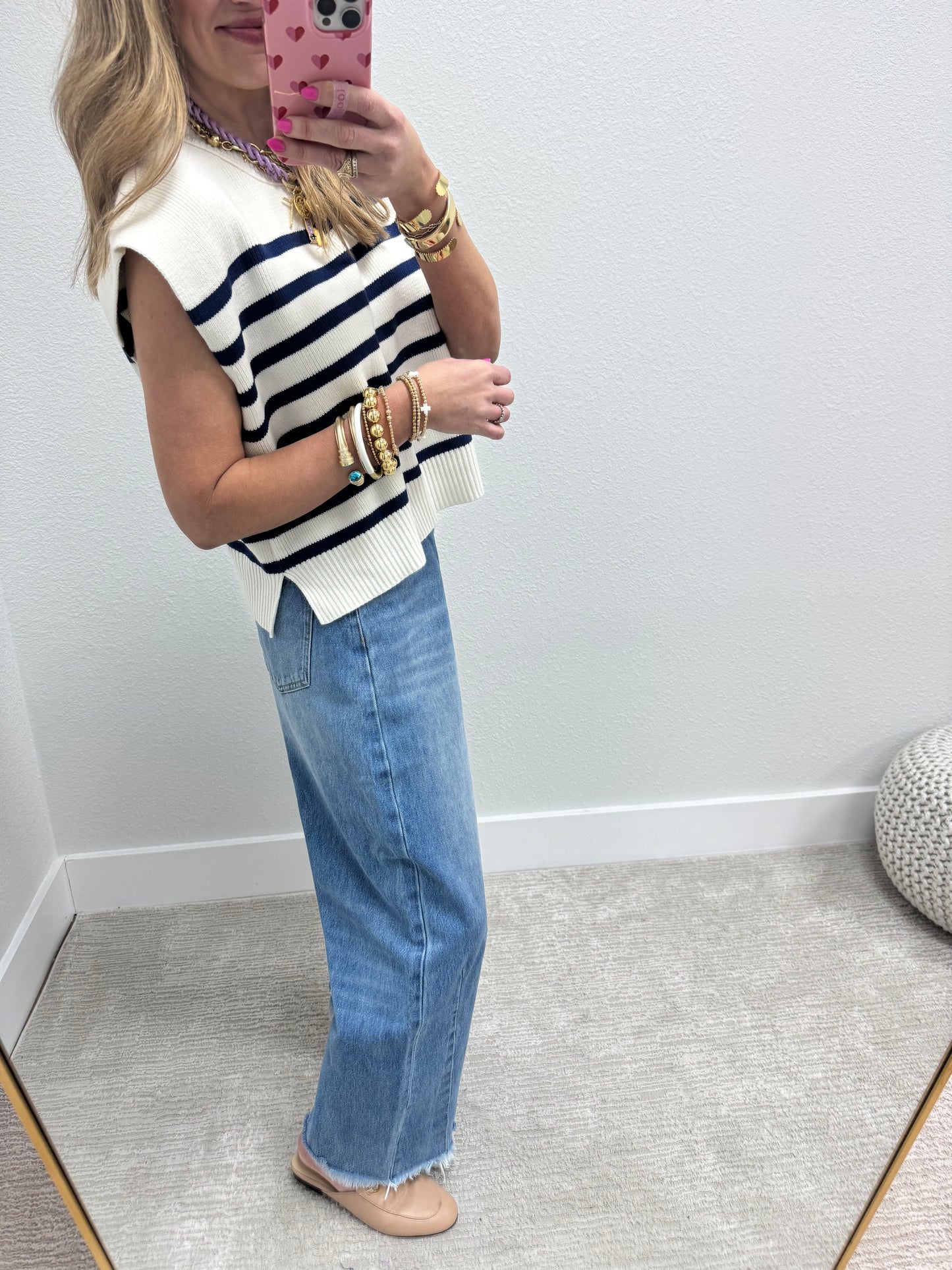 Navy and Cream Striped Sweater Vest Top