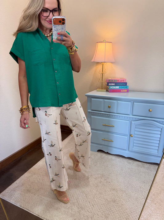 Ivory Mallard Printed Stretch Wide Leg Jeans