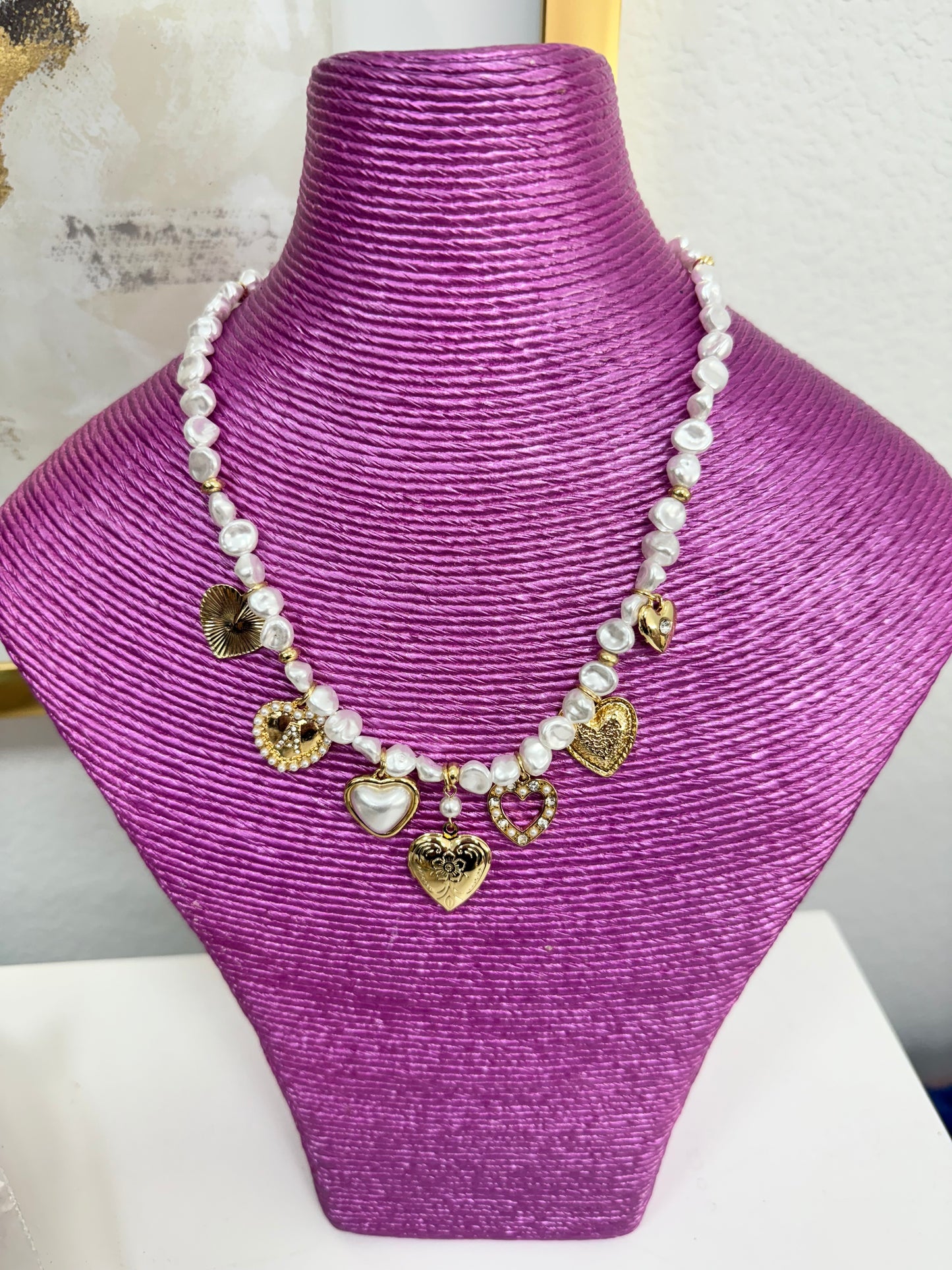 Pearl Beaded Heart Charm Necklace