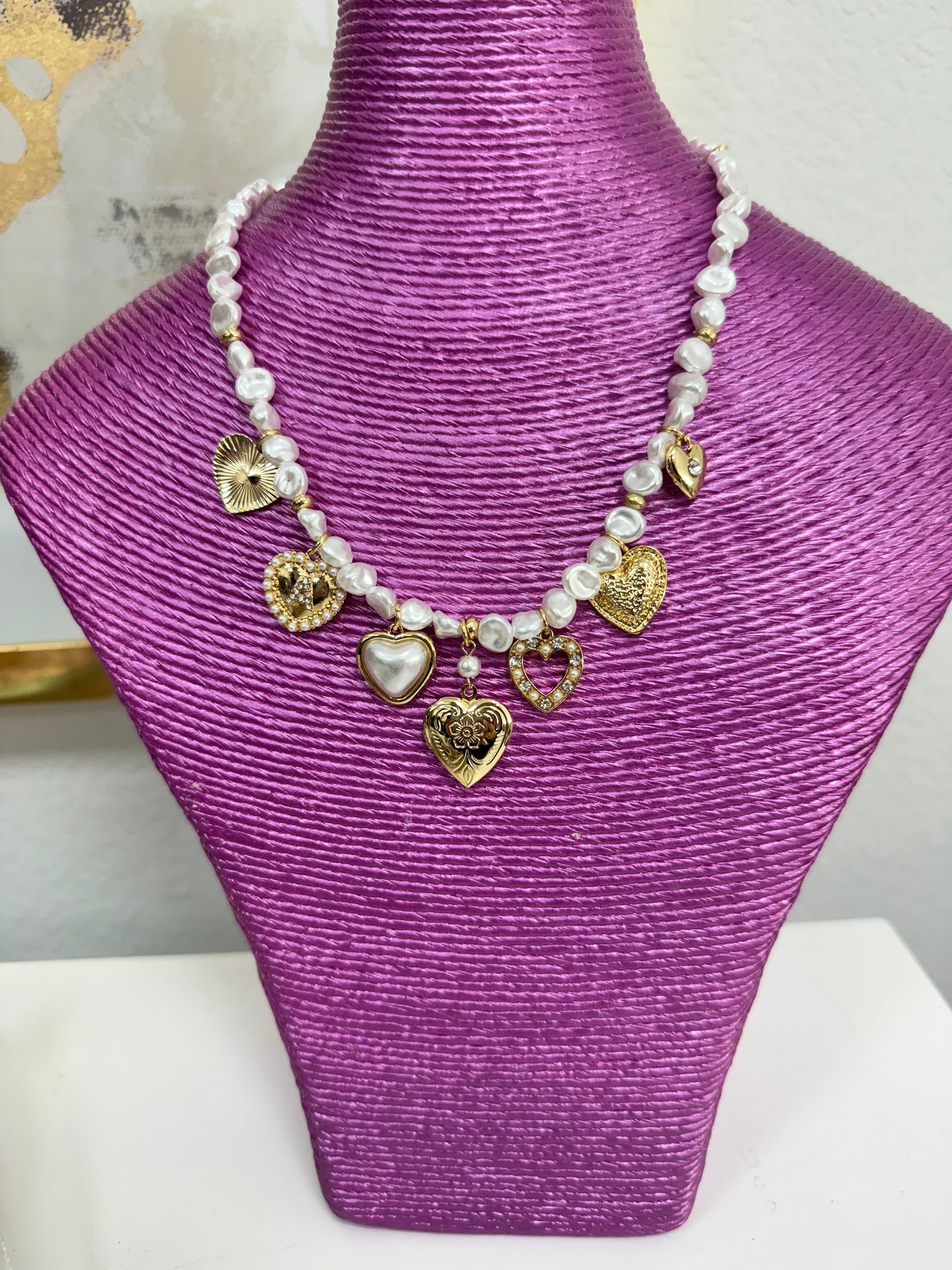 Pearl Beaded Heart Charm Necklace