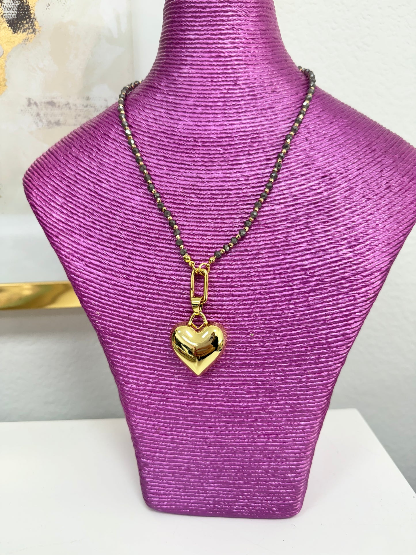 Gray Beaded Puffy Heart Necklace