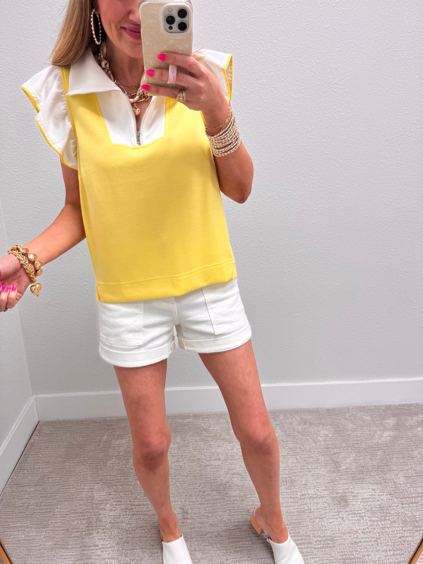 Light Yellow Scuba Ruffle Sleeve Top