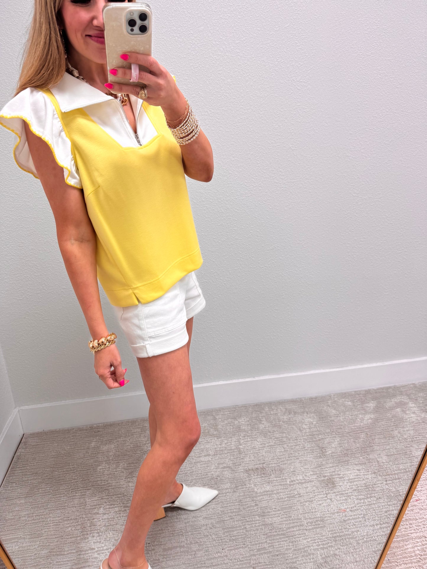 Light Yellow Scuba Ruffle Sleeve Top