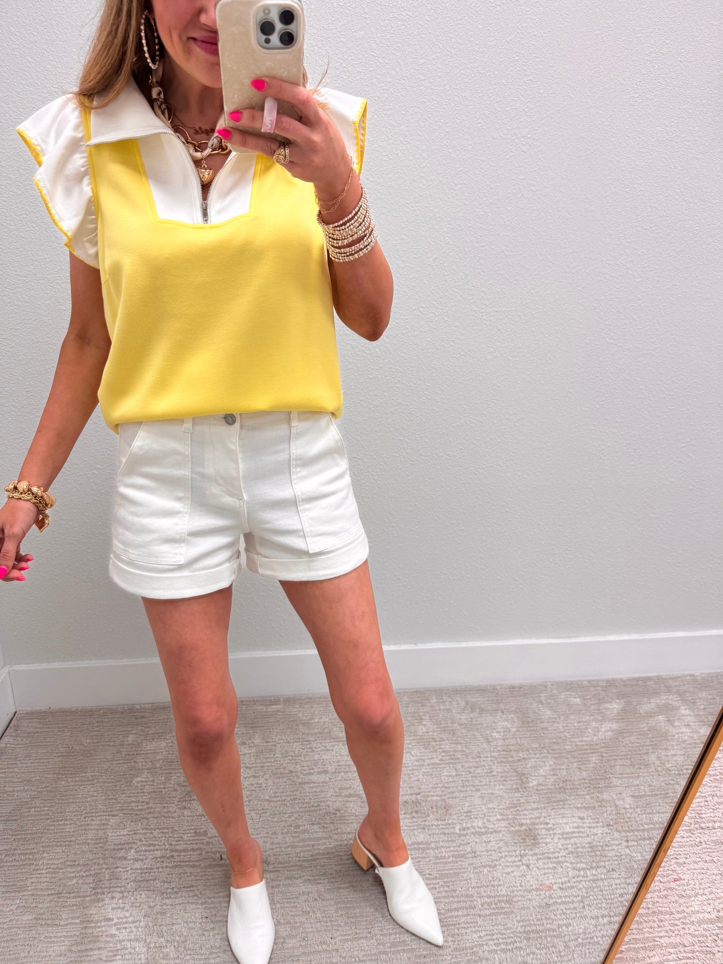Light Yellow Scuba Ruffle Sleeve Top