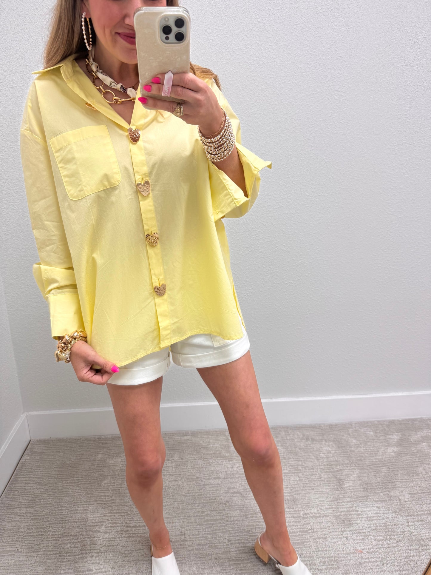 Light Yellow Heart Button Oversized Top