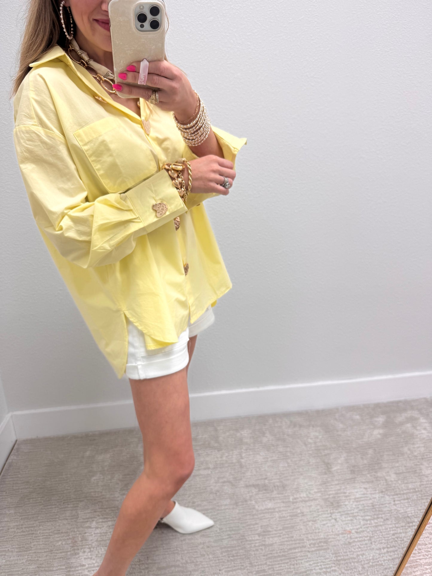 Light Yellow Heart Button Oversized Top