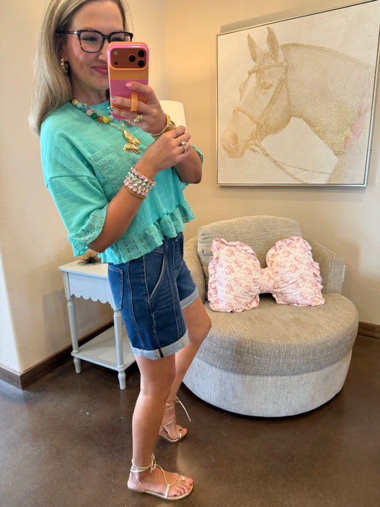 Seafoam Half Sleeve Lace Ruffle Detail Textured Knit Top
