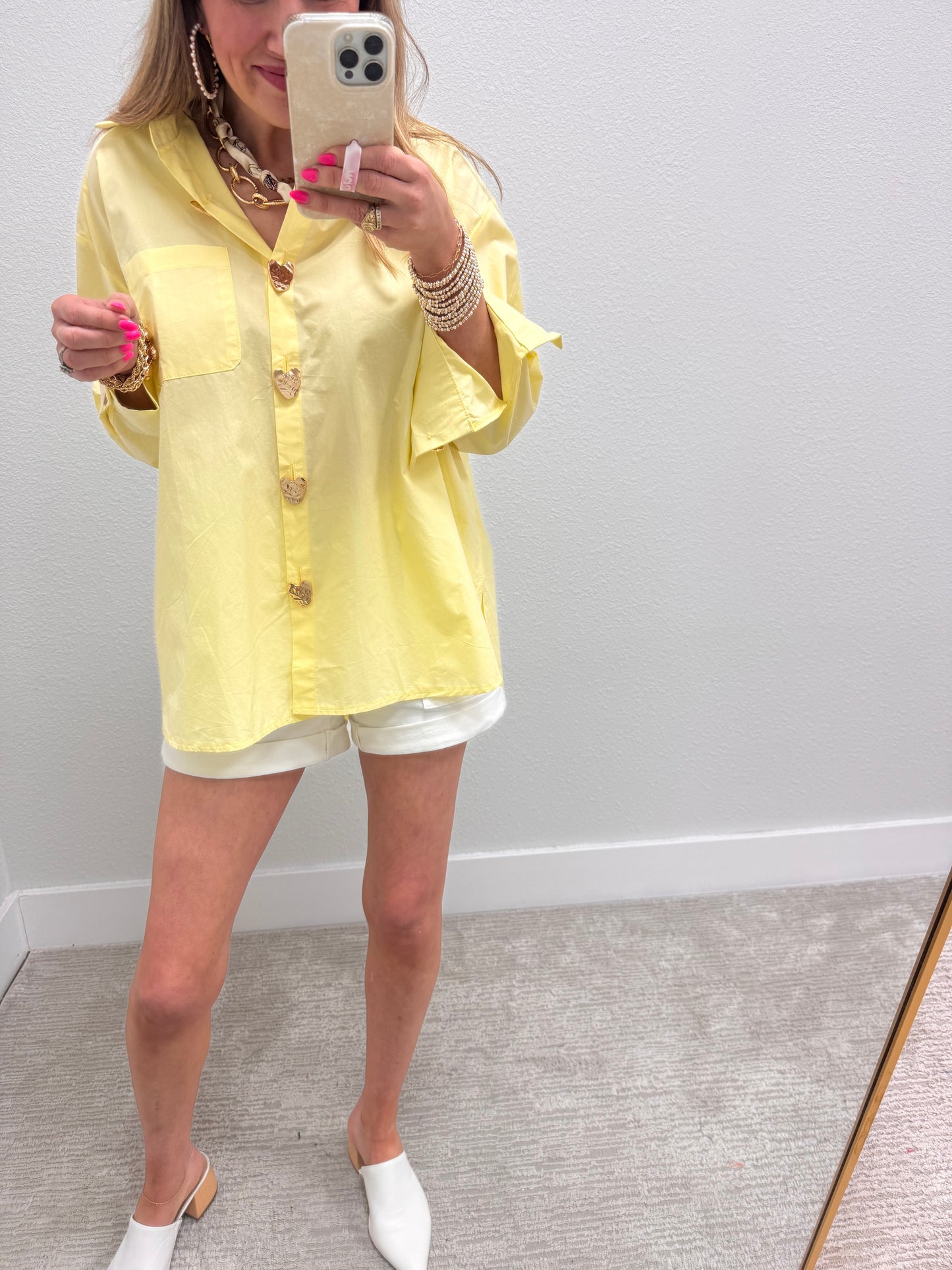 Light Yellow Heart Button Oversized Top