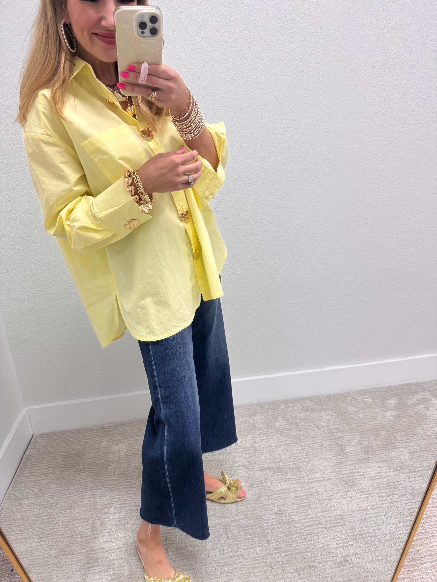 Light Yellow Heart Button Oversized Top