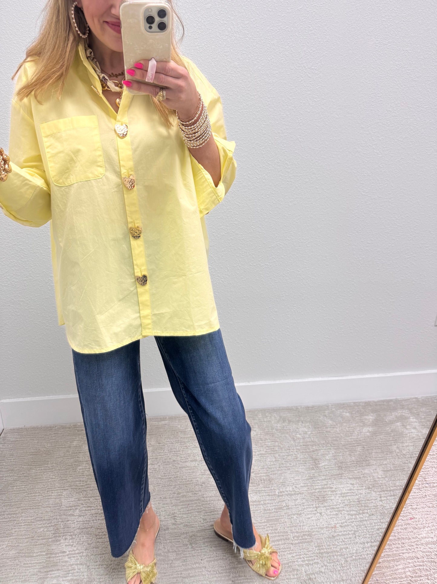 Light Yellow Heart Button Oversized Top