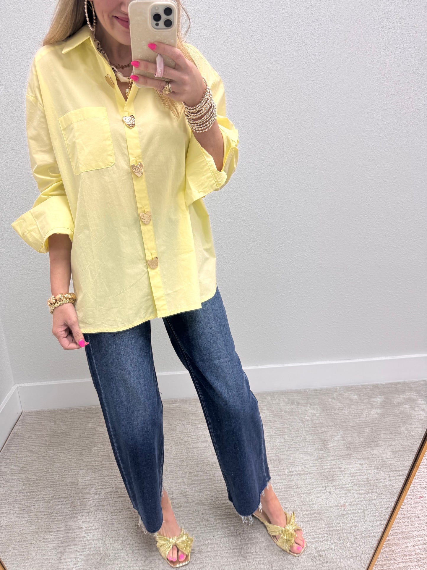 Light Yellow Heart Button Oversized Top