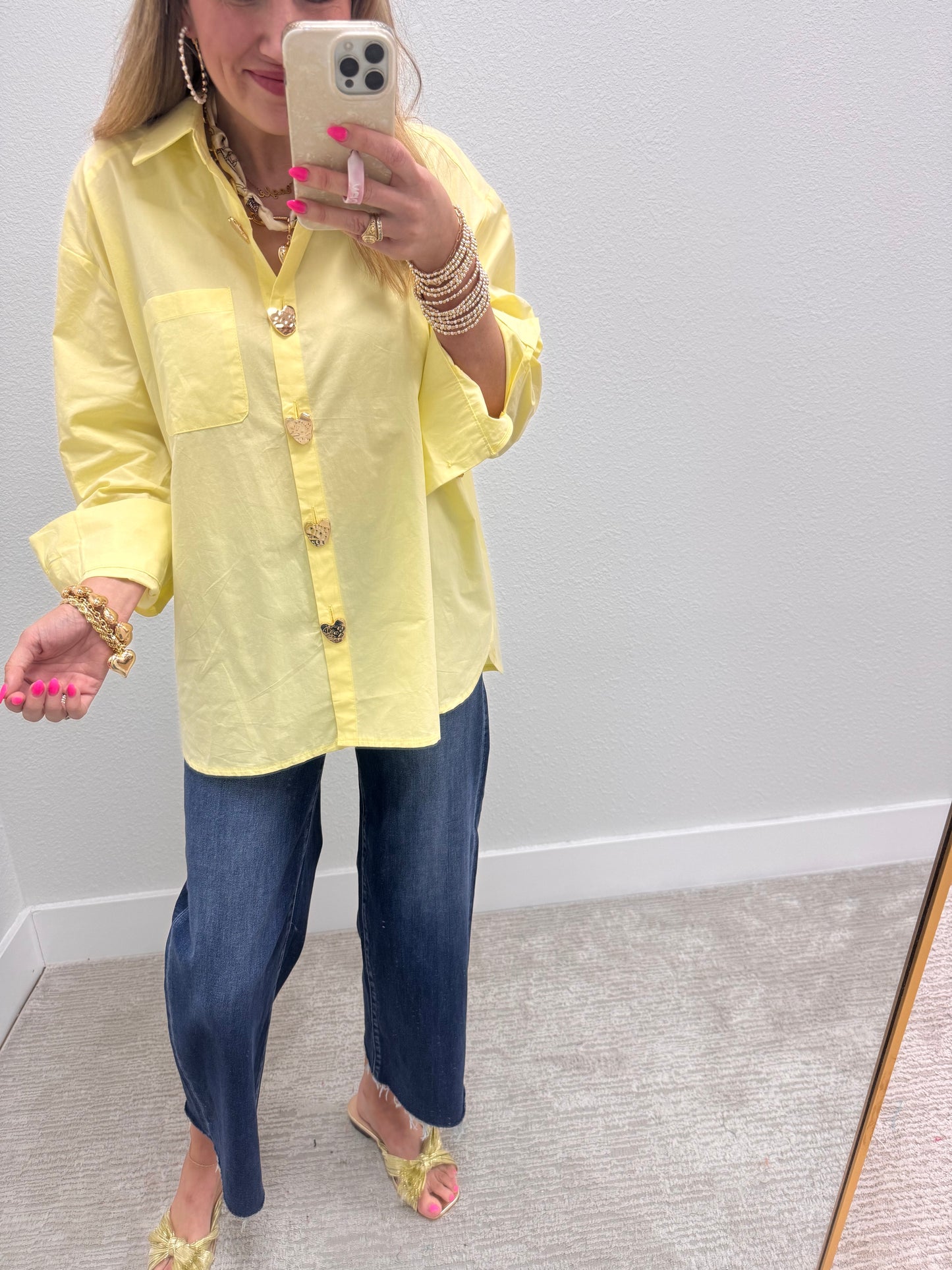 Light Yellow Heart Button Oversized Top