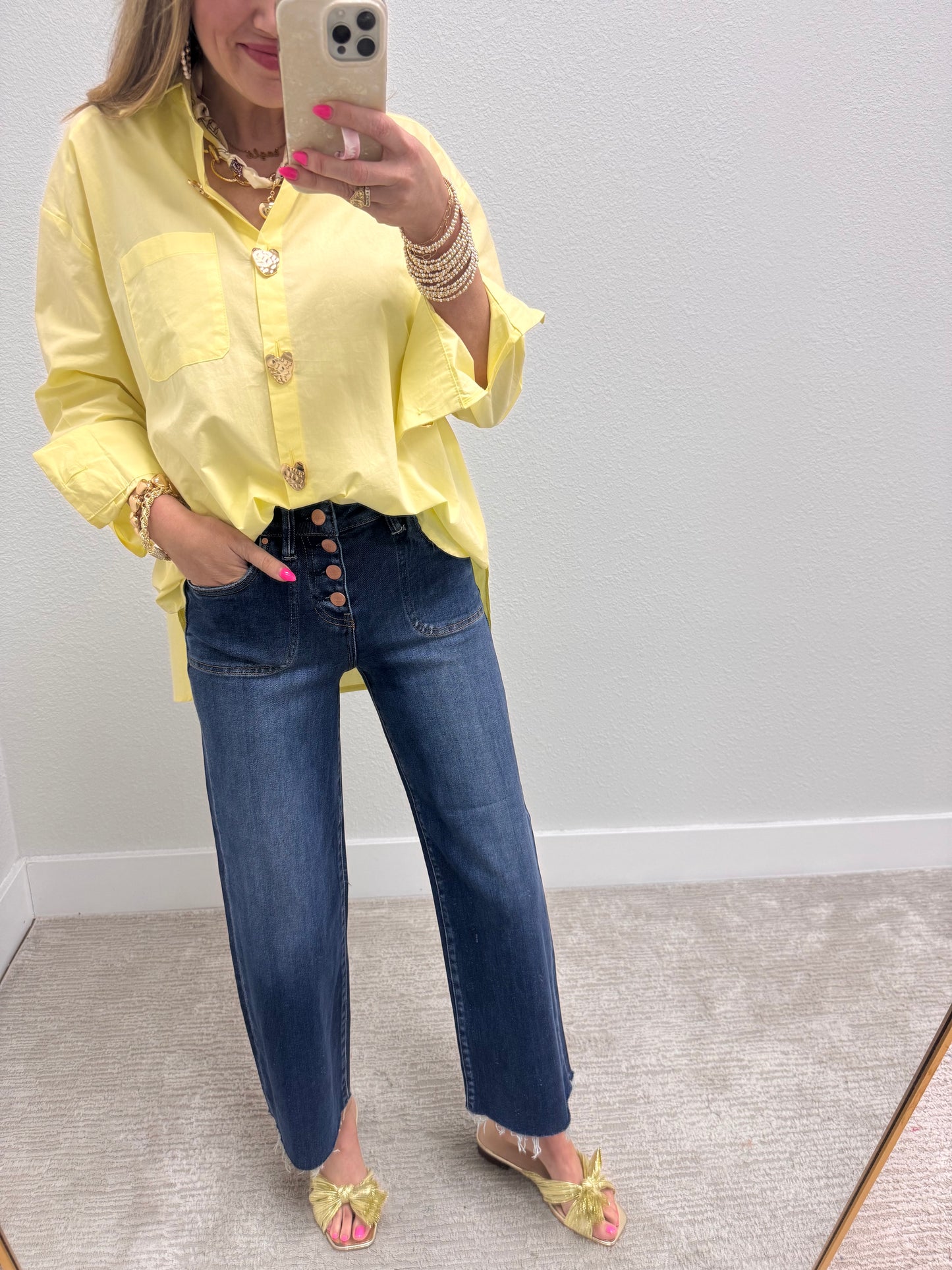 Light Yellow Heart Button Oversized Top