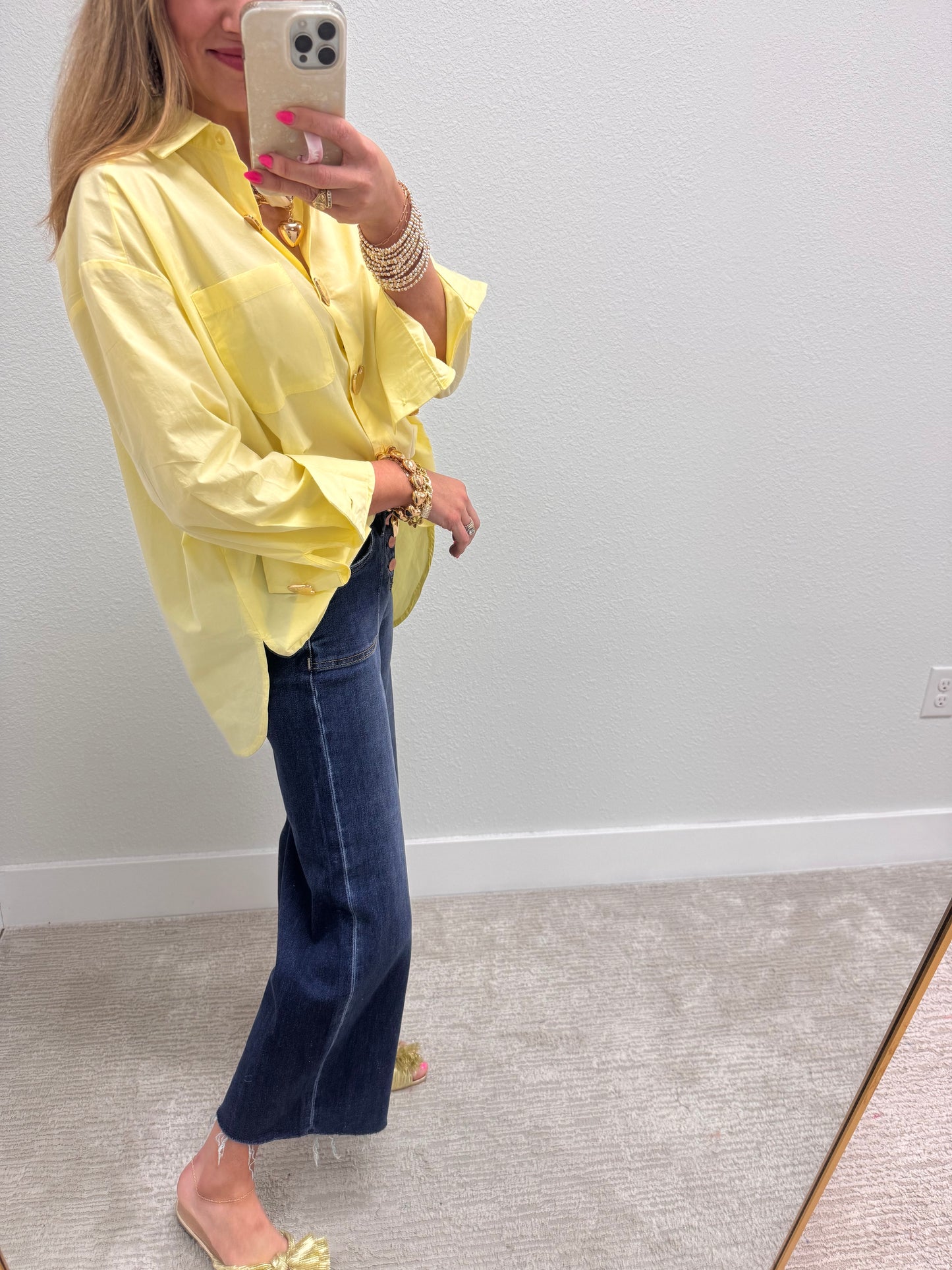 Light Yellow Heart Button Oversized Top
