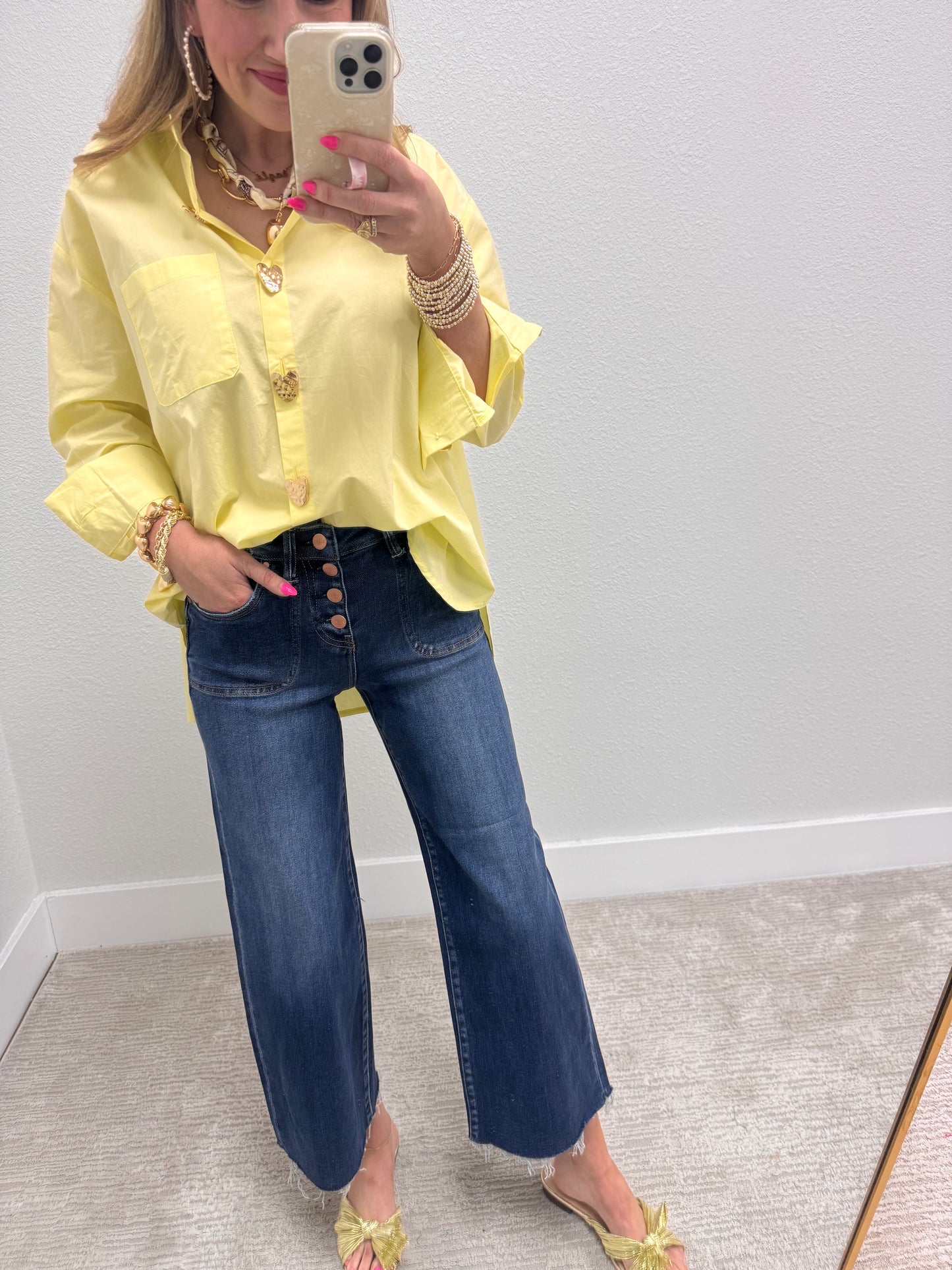 Light Yellow Heart Button Oversized Top