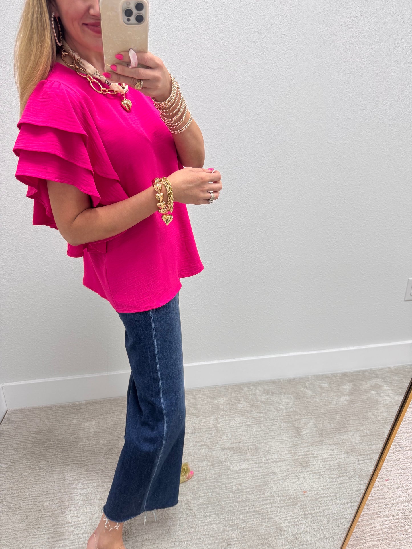 Hot Pink Triple Ruffle Sleeve Top