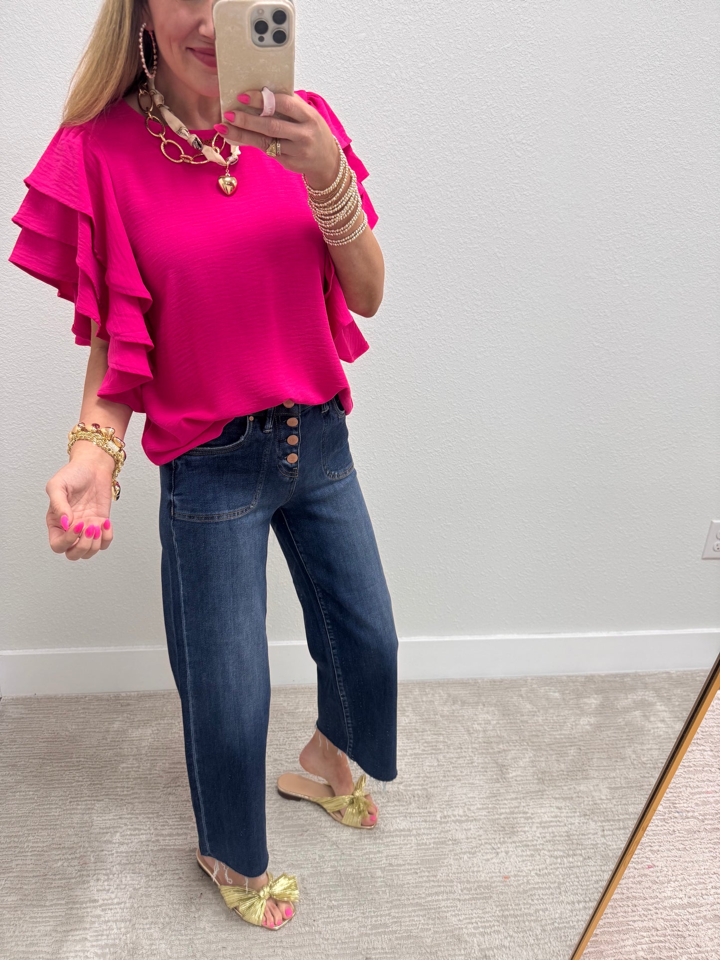 Hot Pink Triple Ruffle Sleeve Top