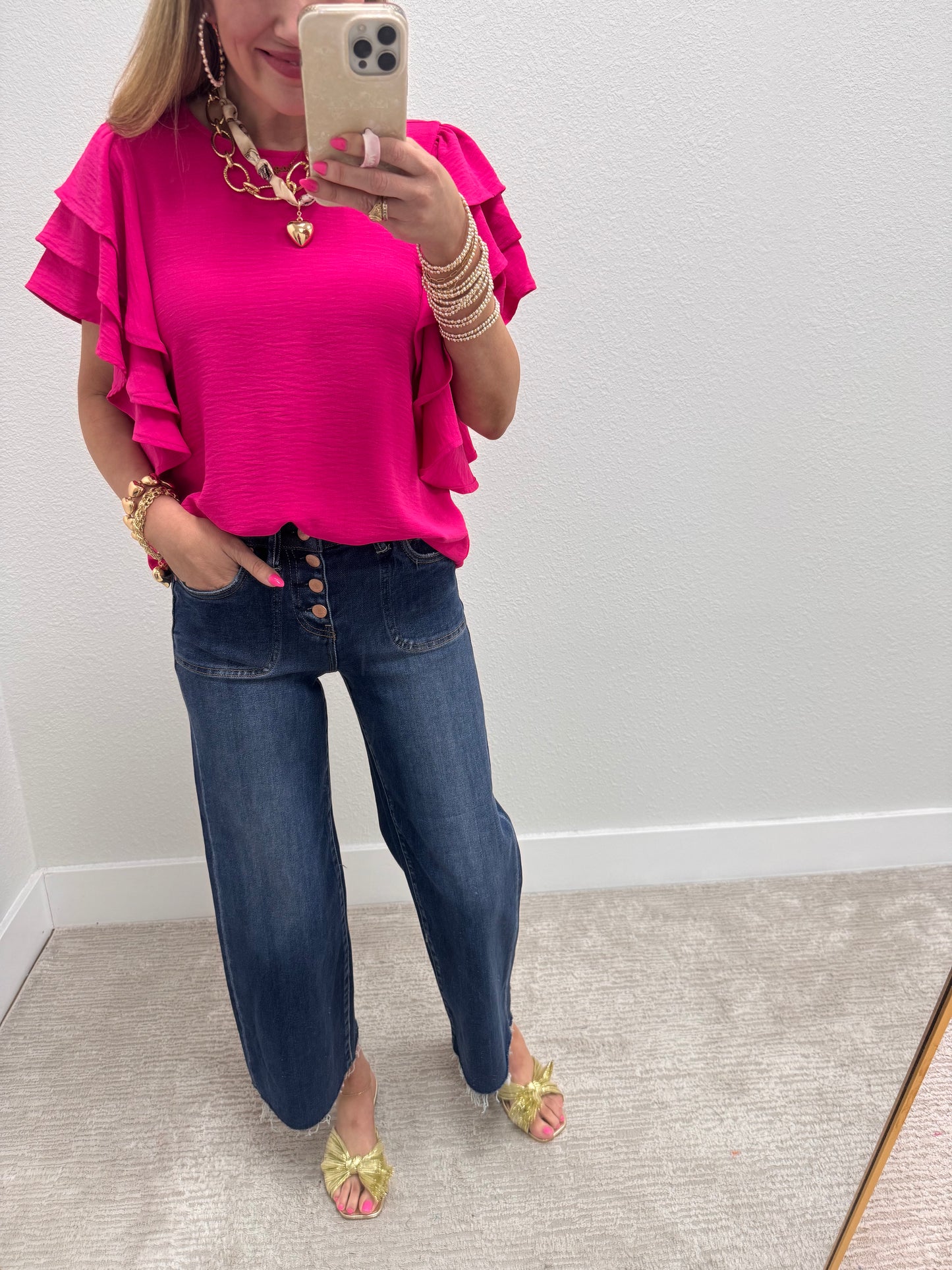 Hot Pink Triple Ruffle Sleeve Top