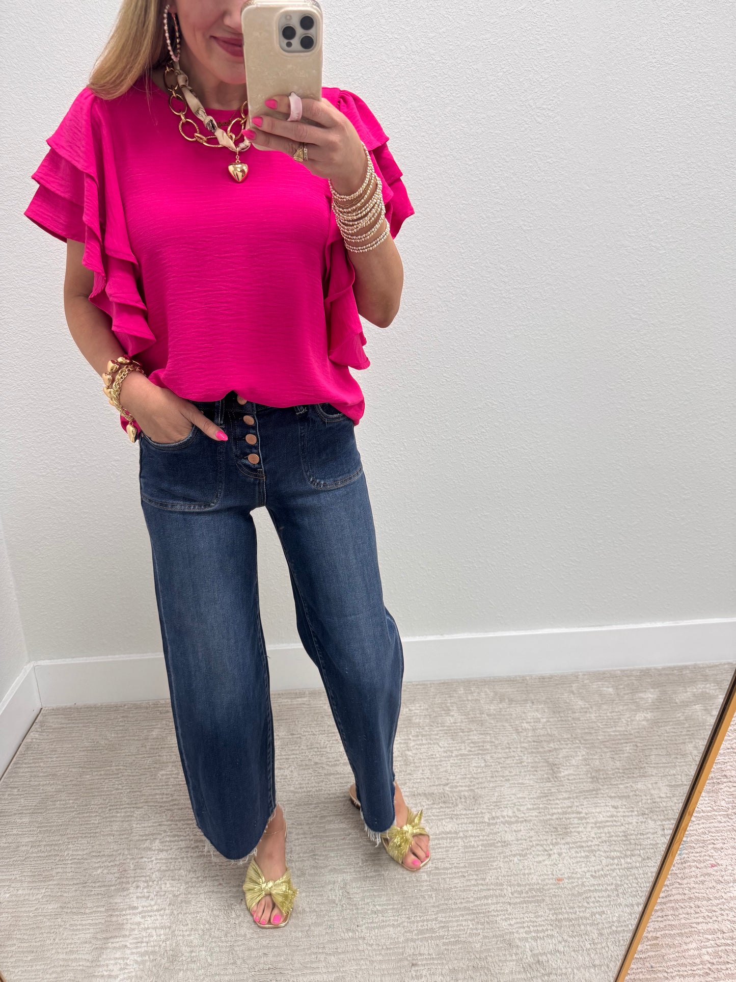 Hot Pink Triple Ruffle Sleeve Top