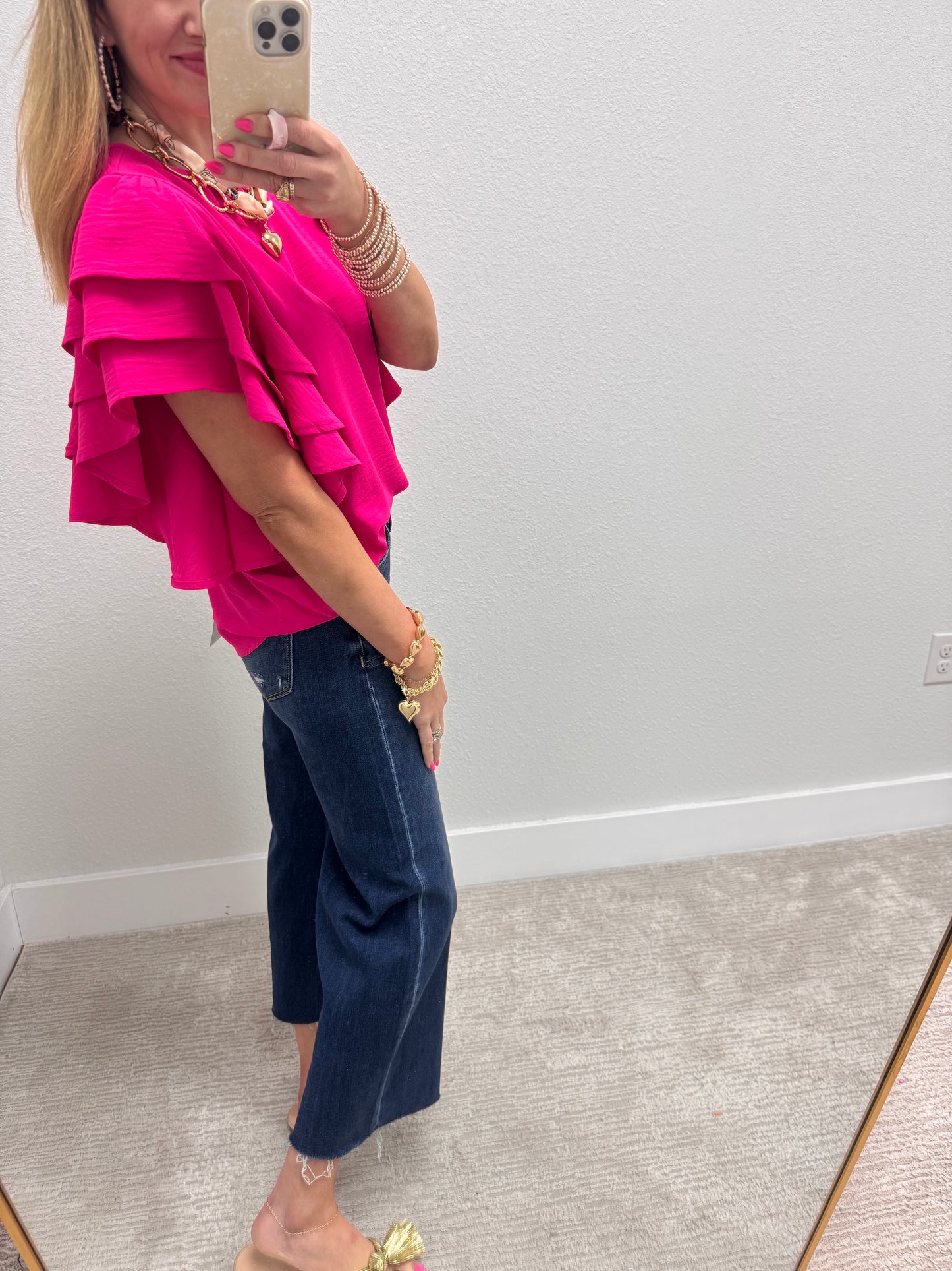 Hot Pink Triple Ruffle Sleeve Top