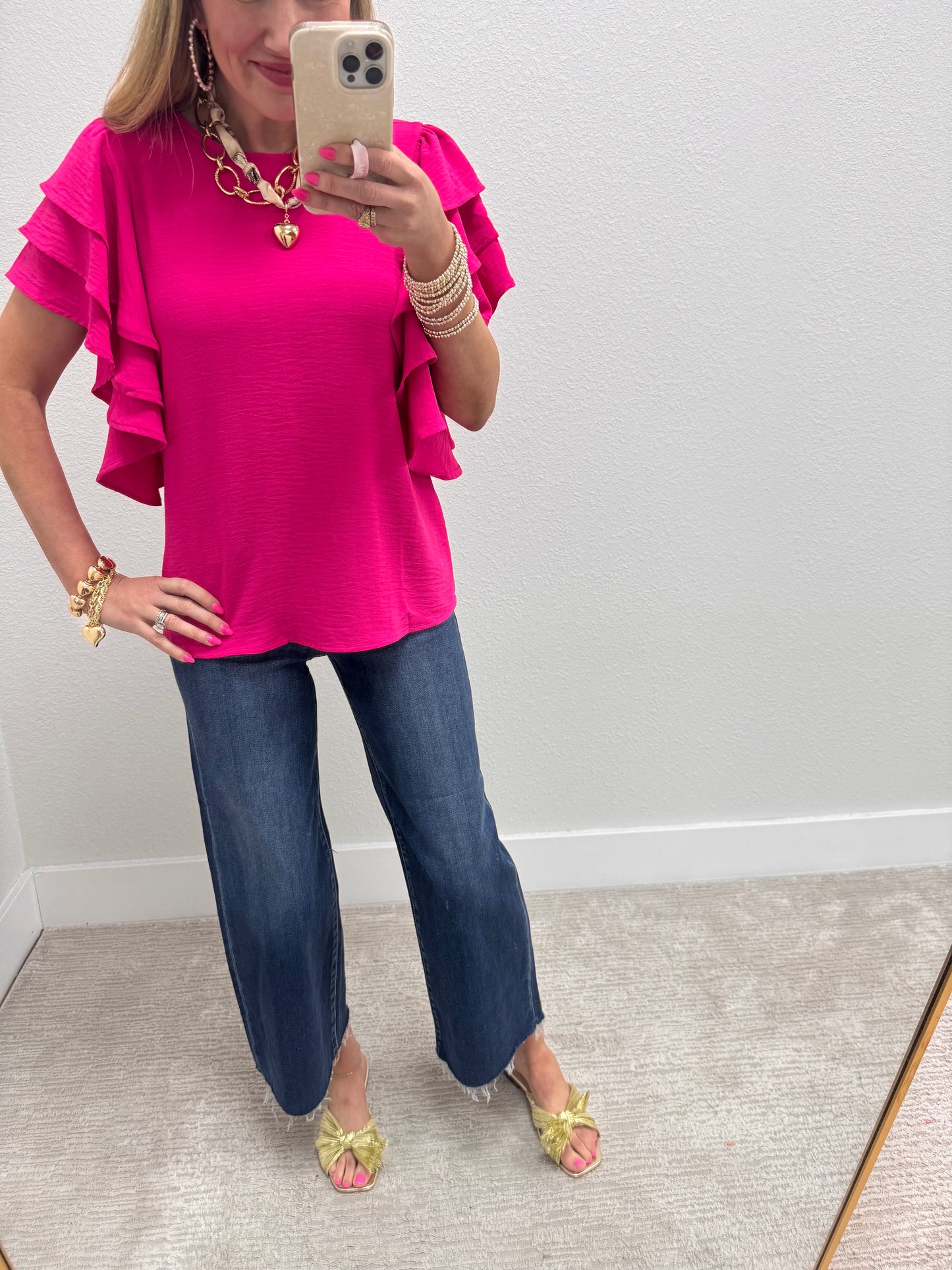 Hot Pink Triple Ruffle Sleeve Top