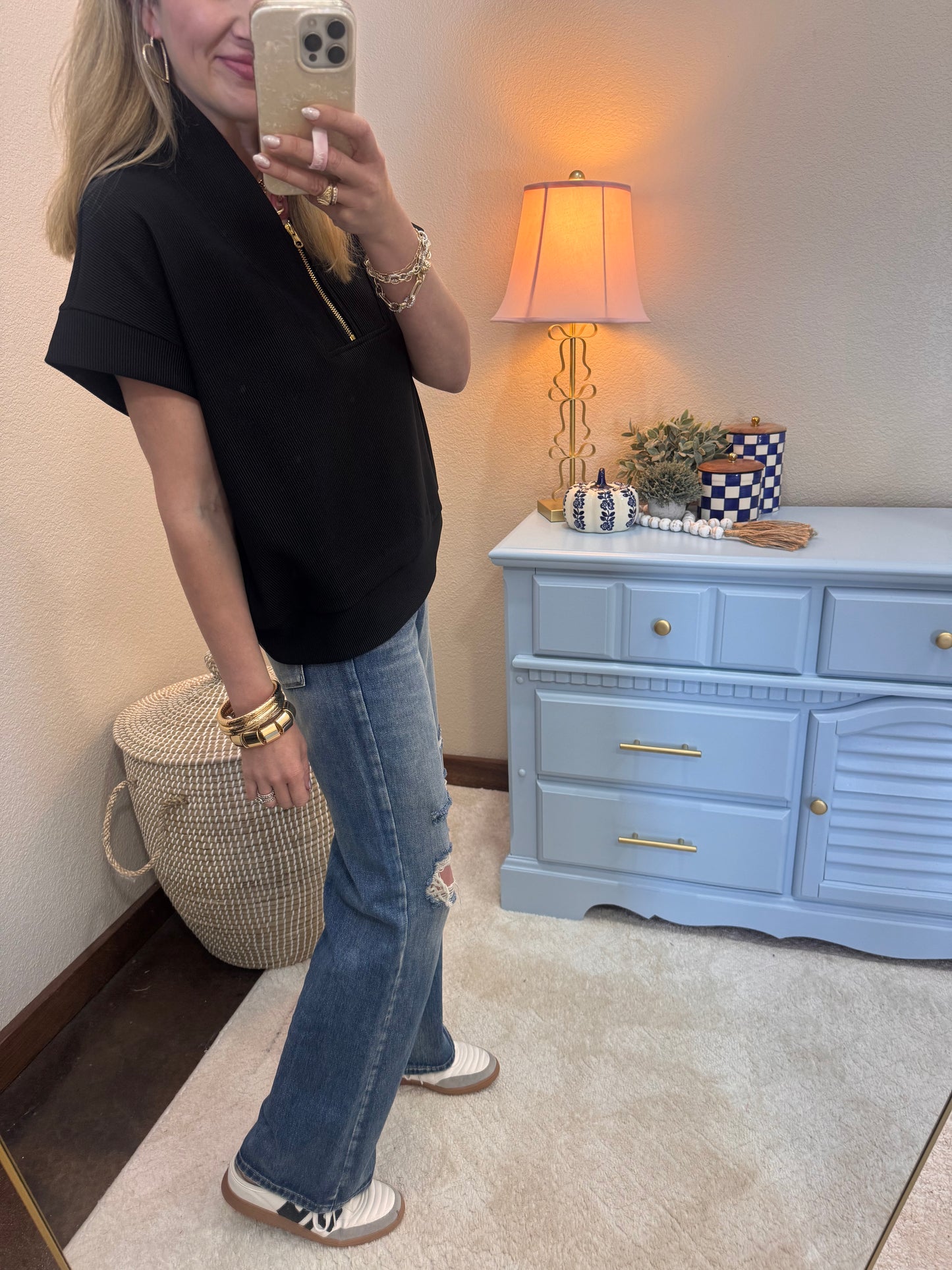 Black Scuba Ribbed 1/2 Zip High Neck Top