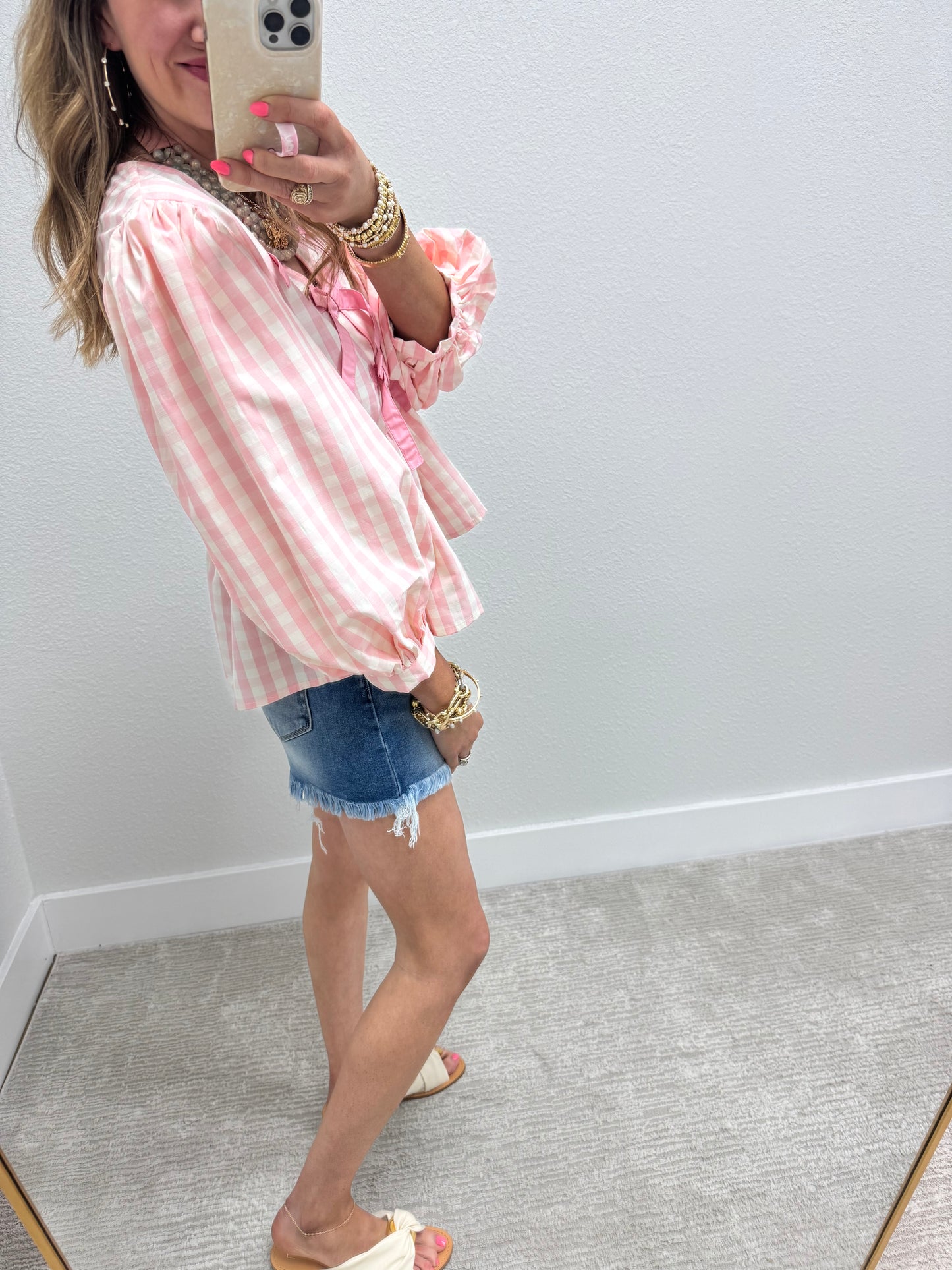 Baby Pink Gingham Tie Front Shirt with Bubble Sleeves