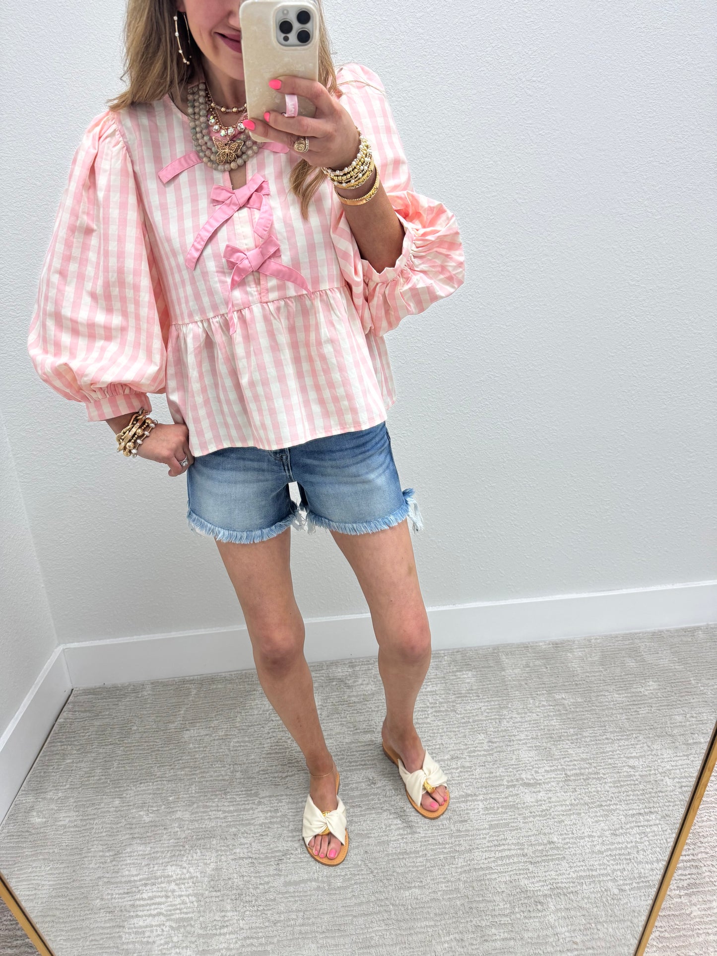Baby Pink Gingham Tie Front Shirt with Bubble Sleeves