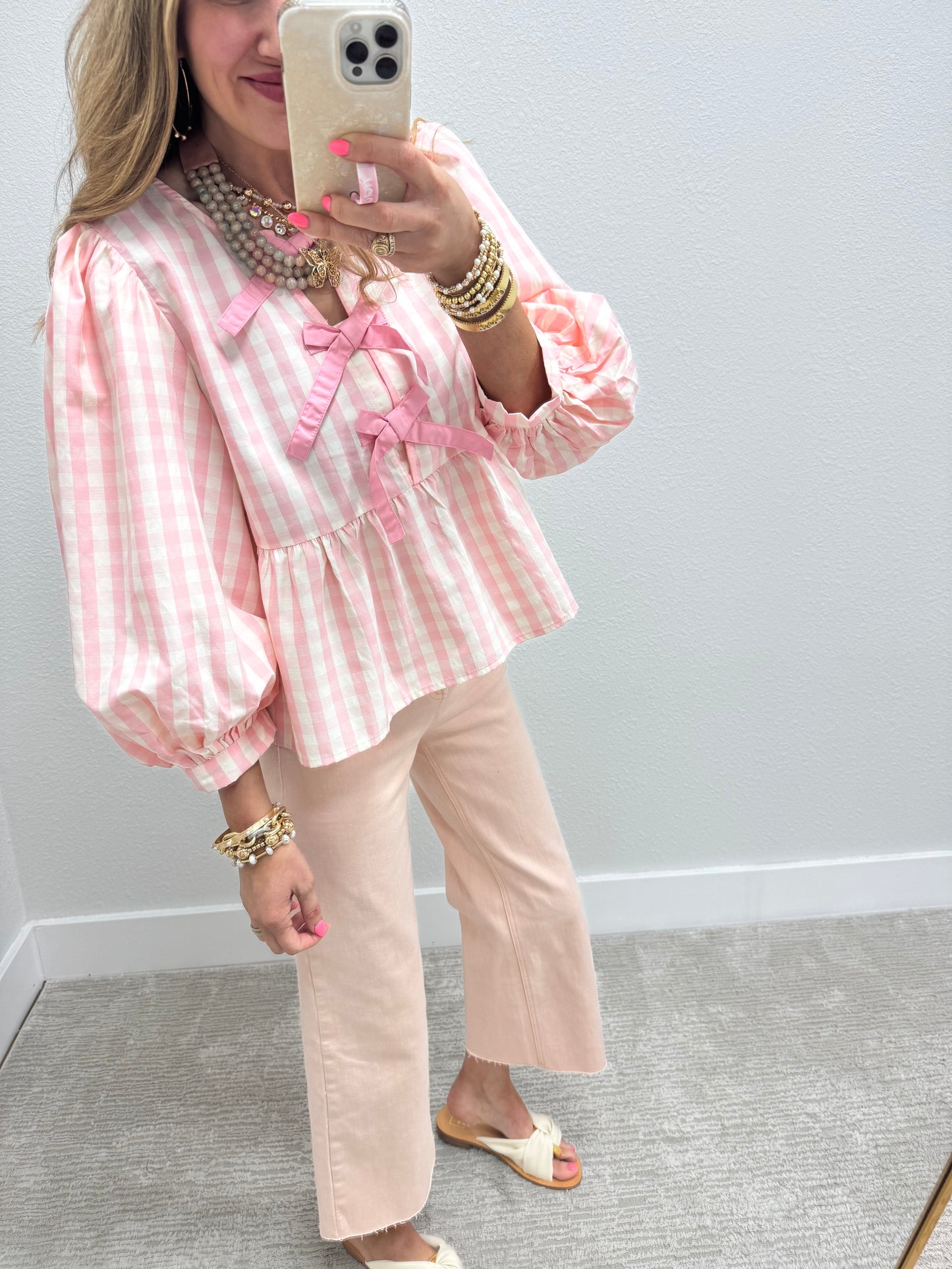 Baby Pink Gingham Tie Front Shirt with Bubble Sleeves