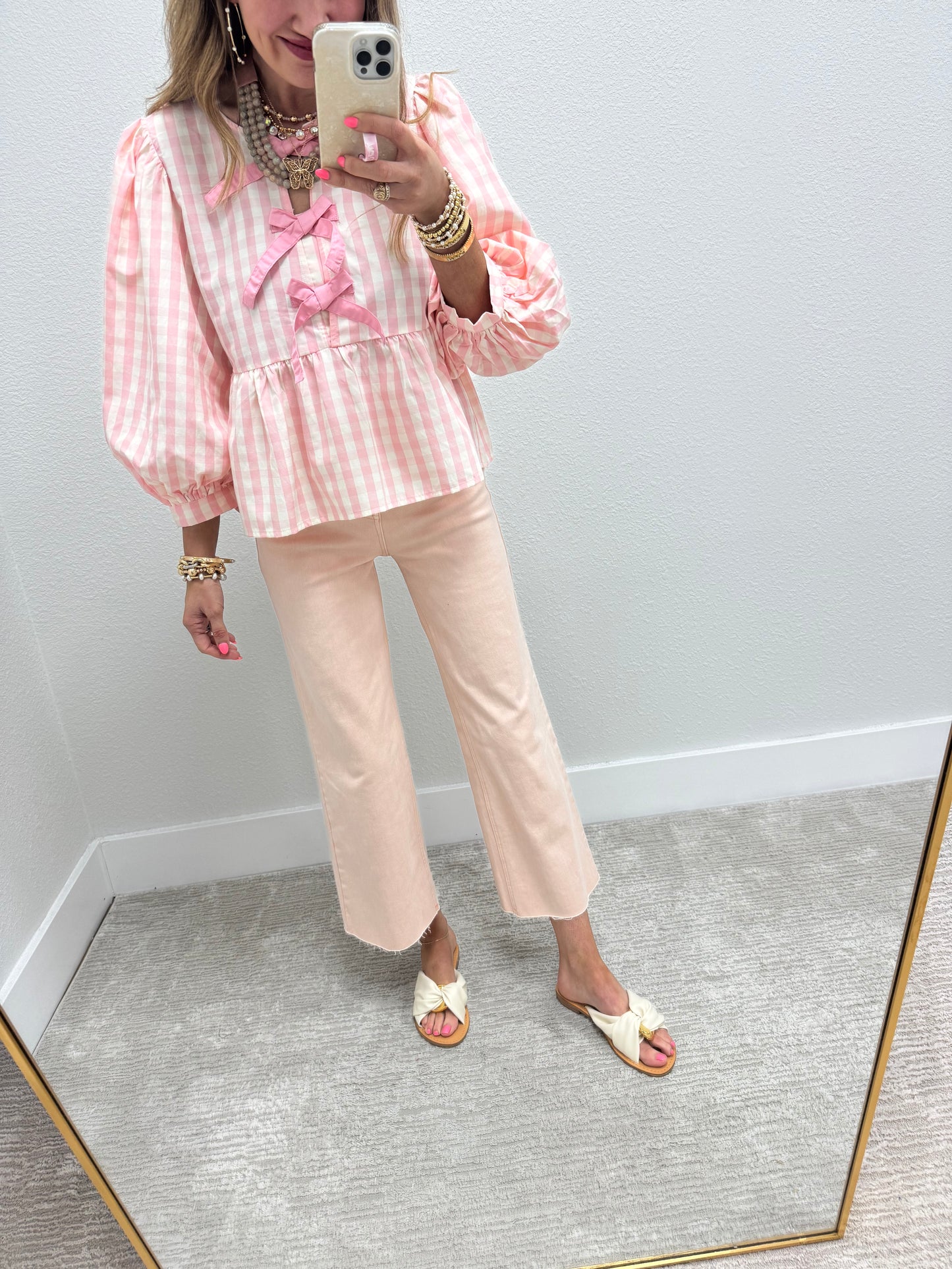 Baby Pink Gingham Tie Front Shirt with Bubble Sleeves