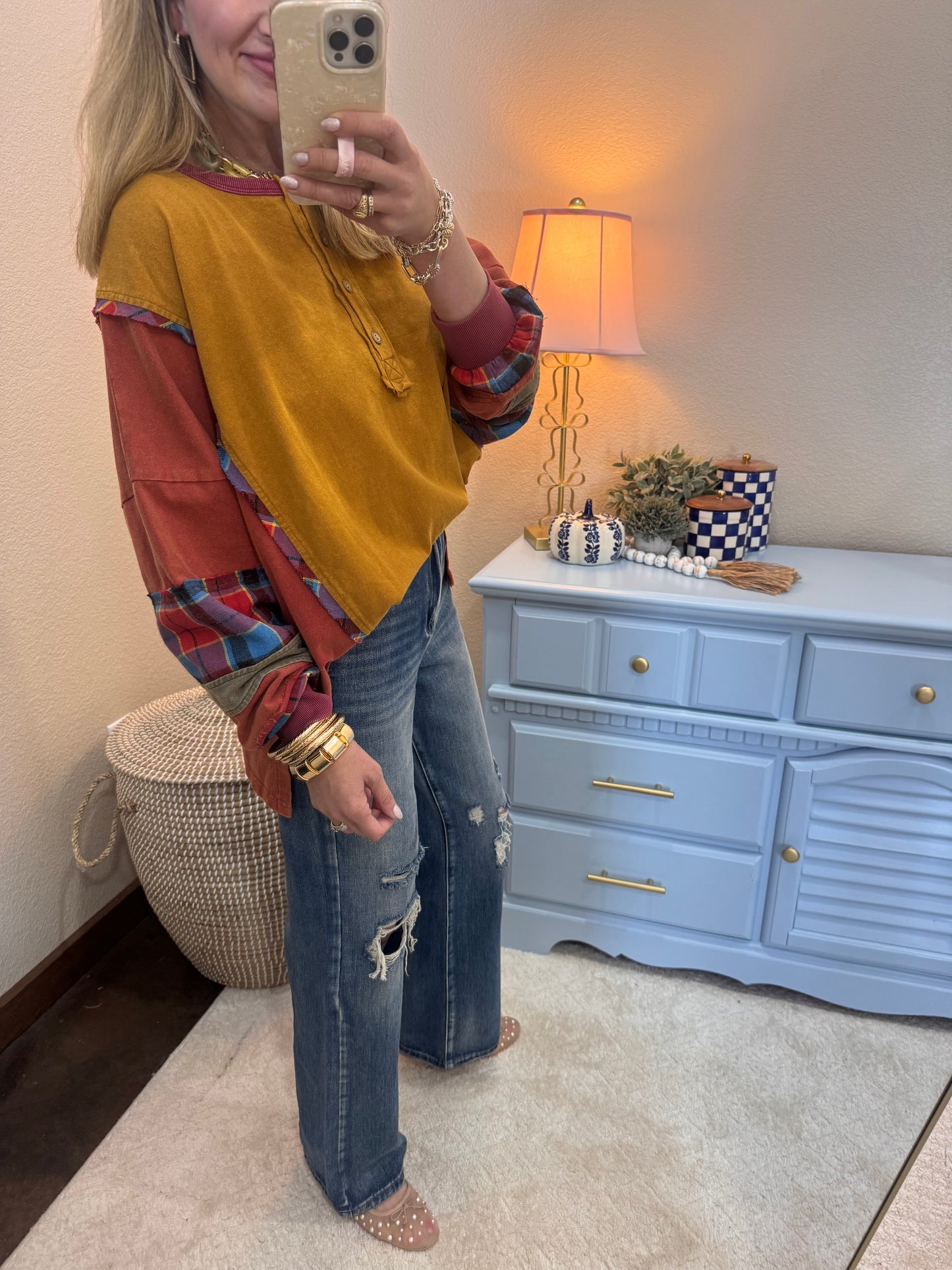 Camel Button Front Mix Color Top