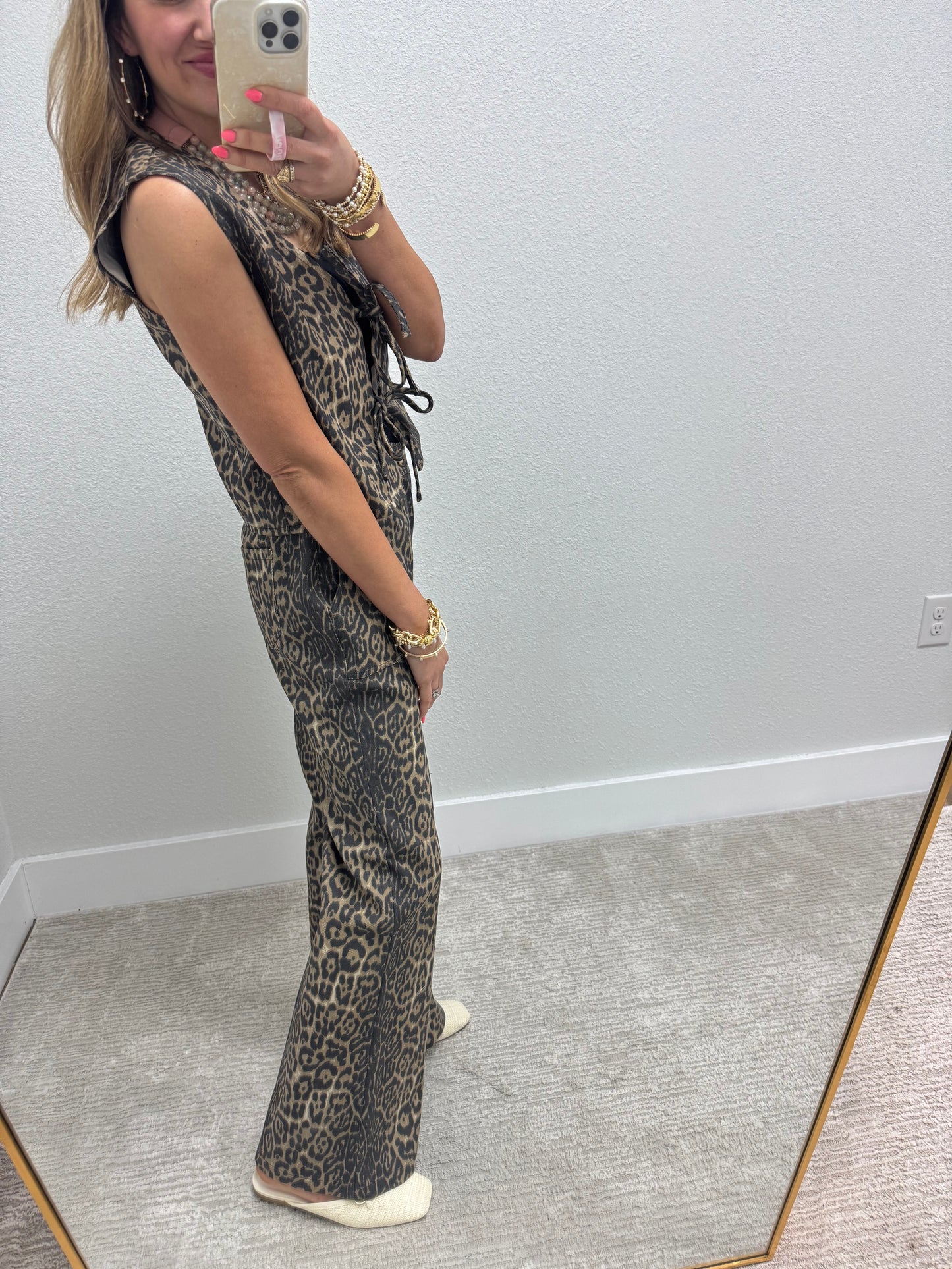 Denim Leopard Tie vest & Pants Two Piece Set