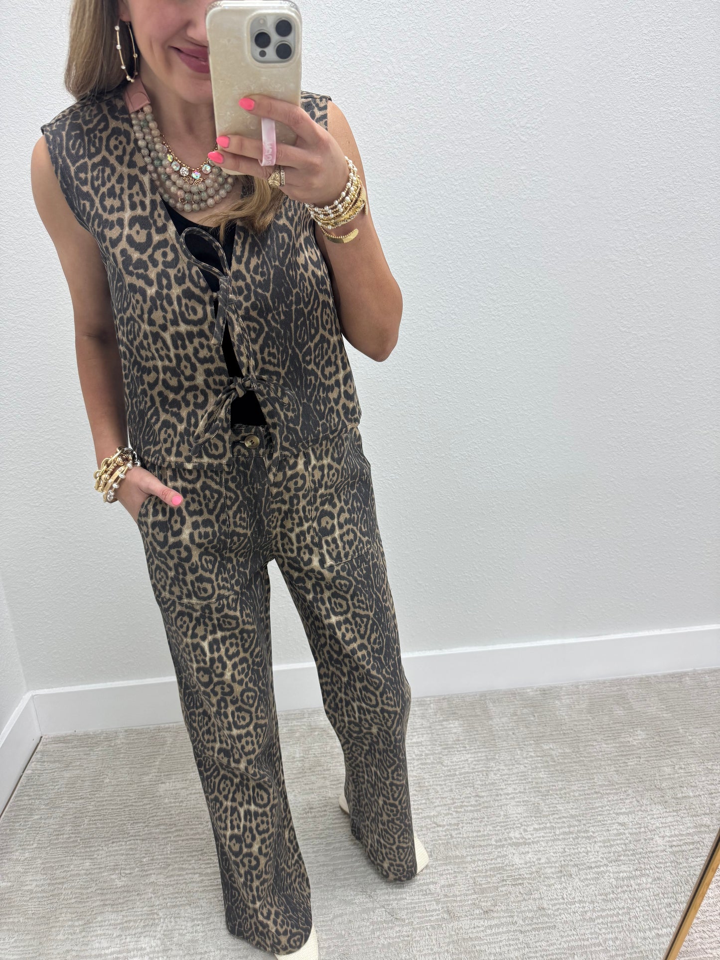 Denim Leopard Tie vest & Pants Two Piece Set