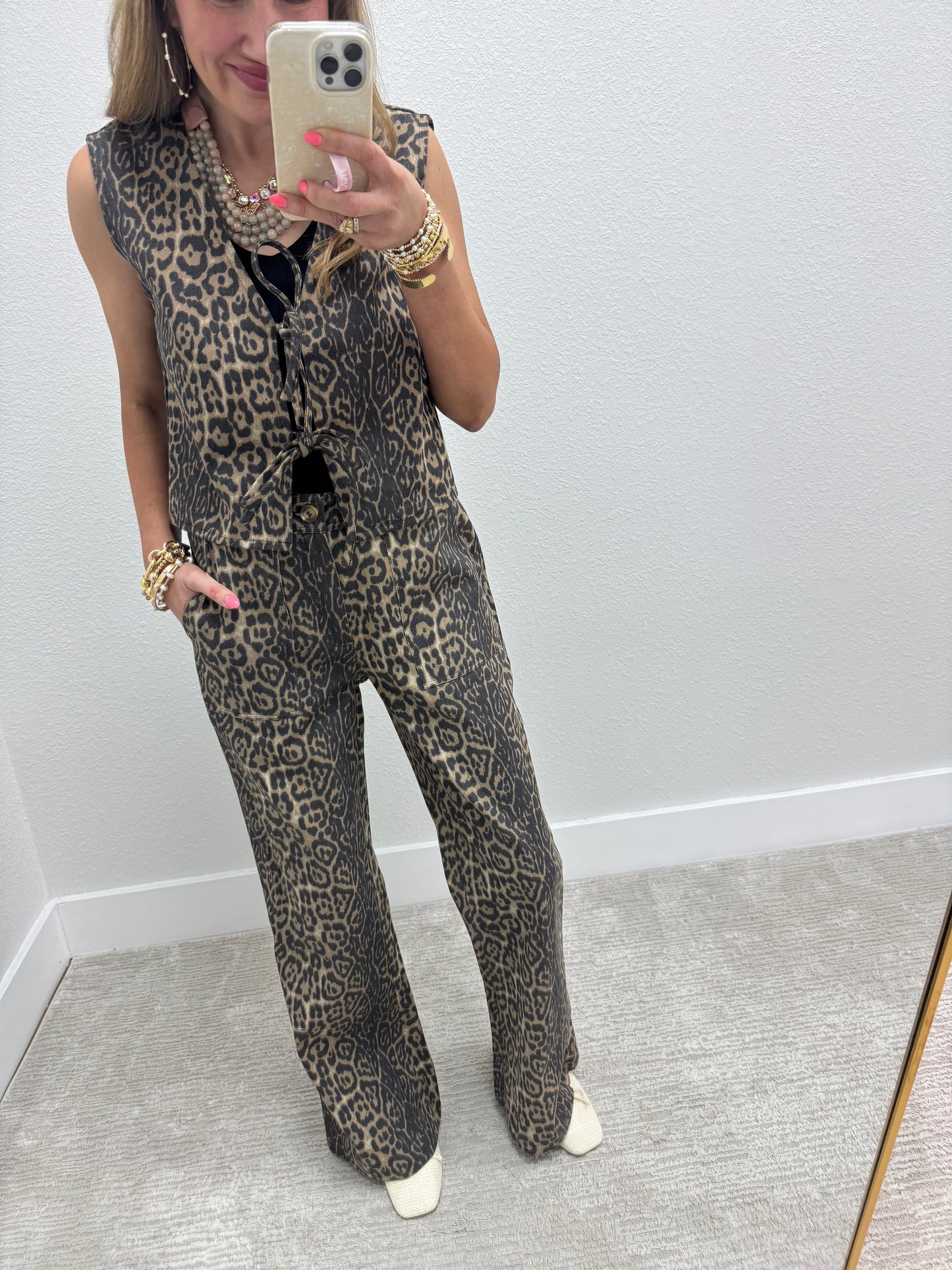 Denim Leopard Tie vest & Pants Two Piece Set