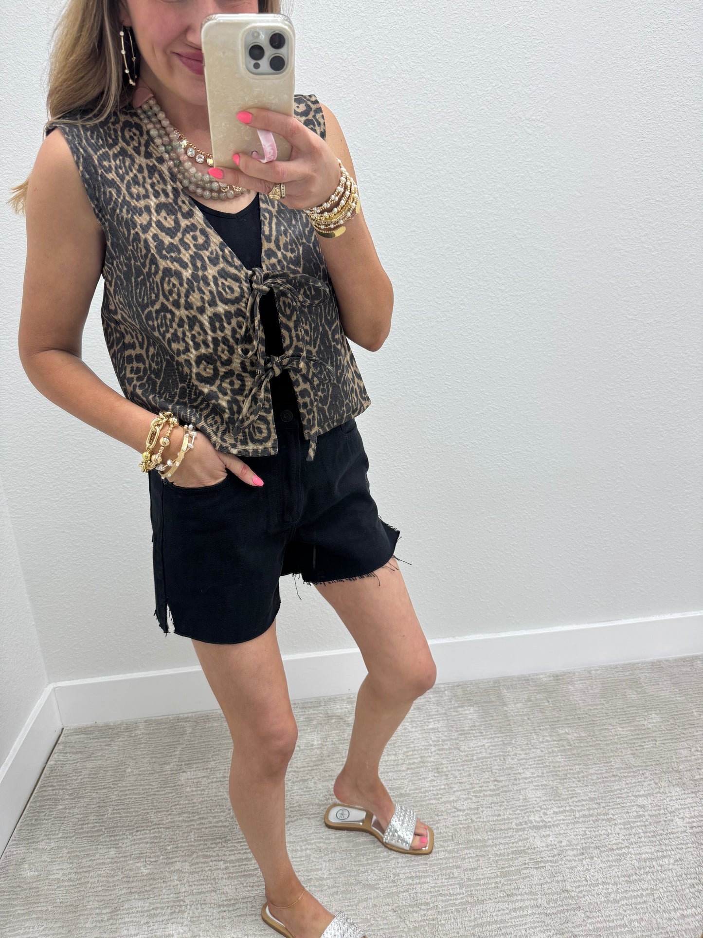Denim Leopard Print Tie Front Vest