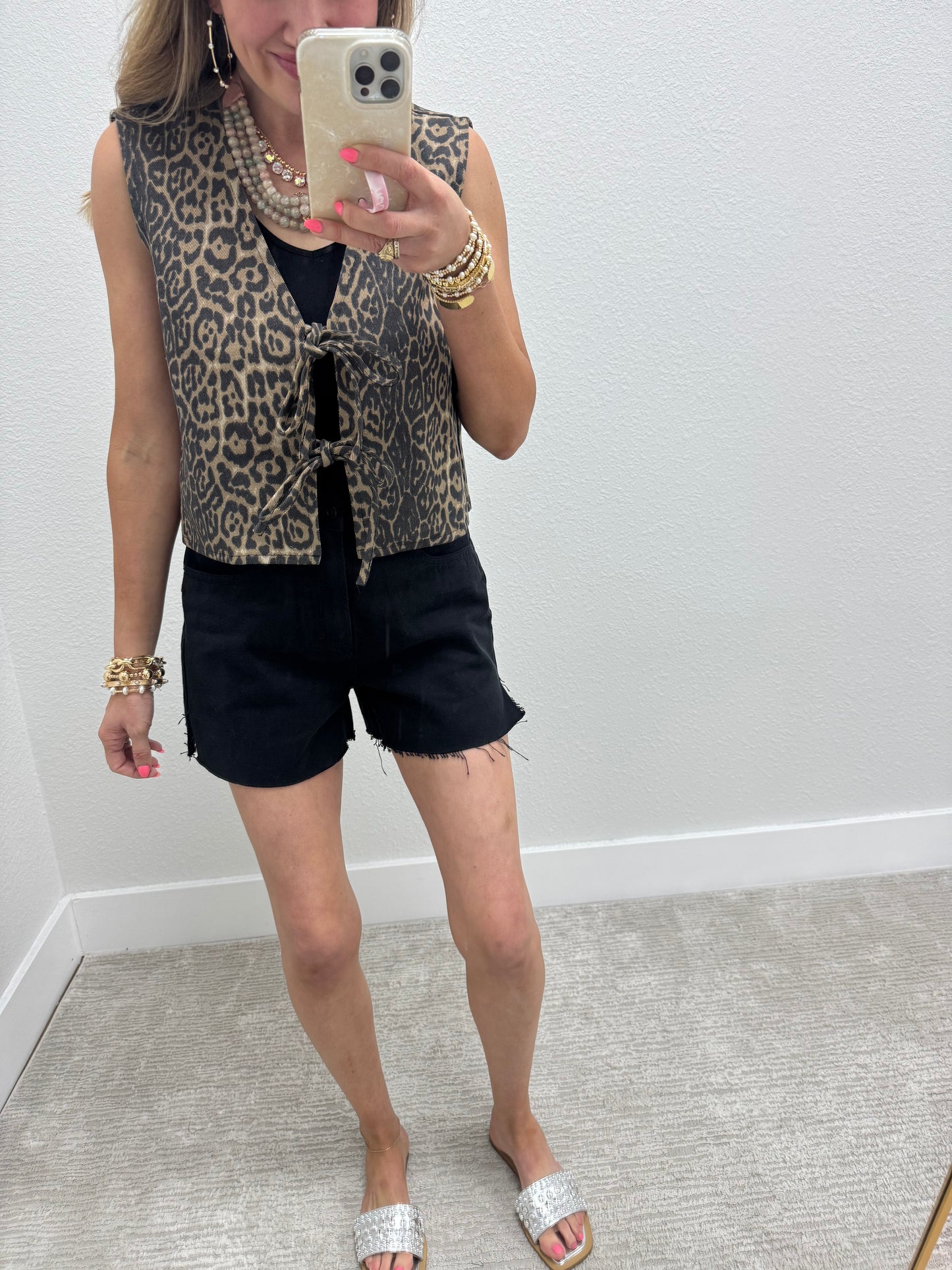 Denim Leopard Print Tie Front Vest
