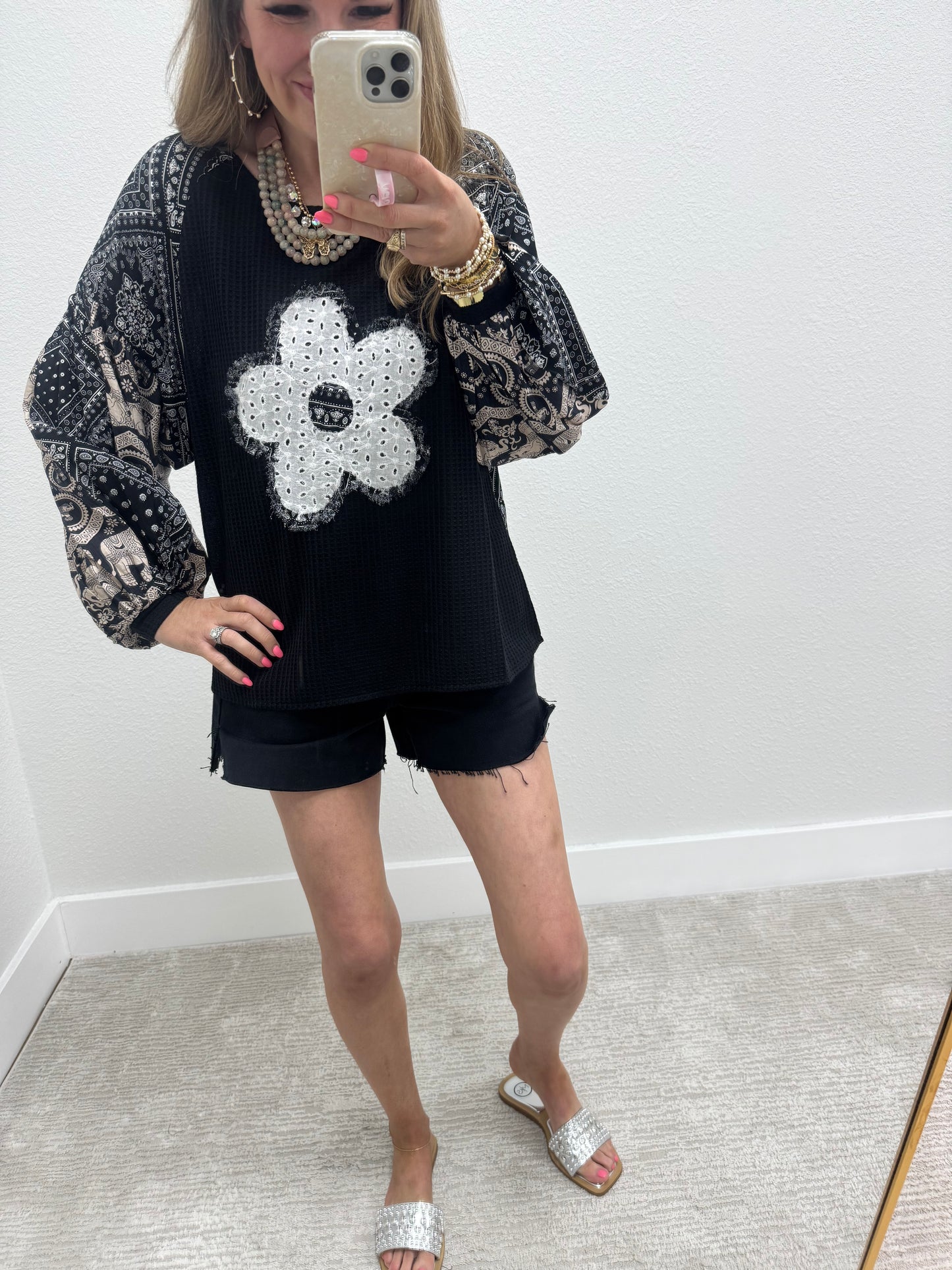 Black Flower Multi Detail Balloon Long Sleeve Top