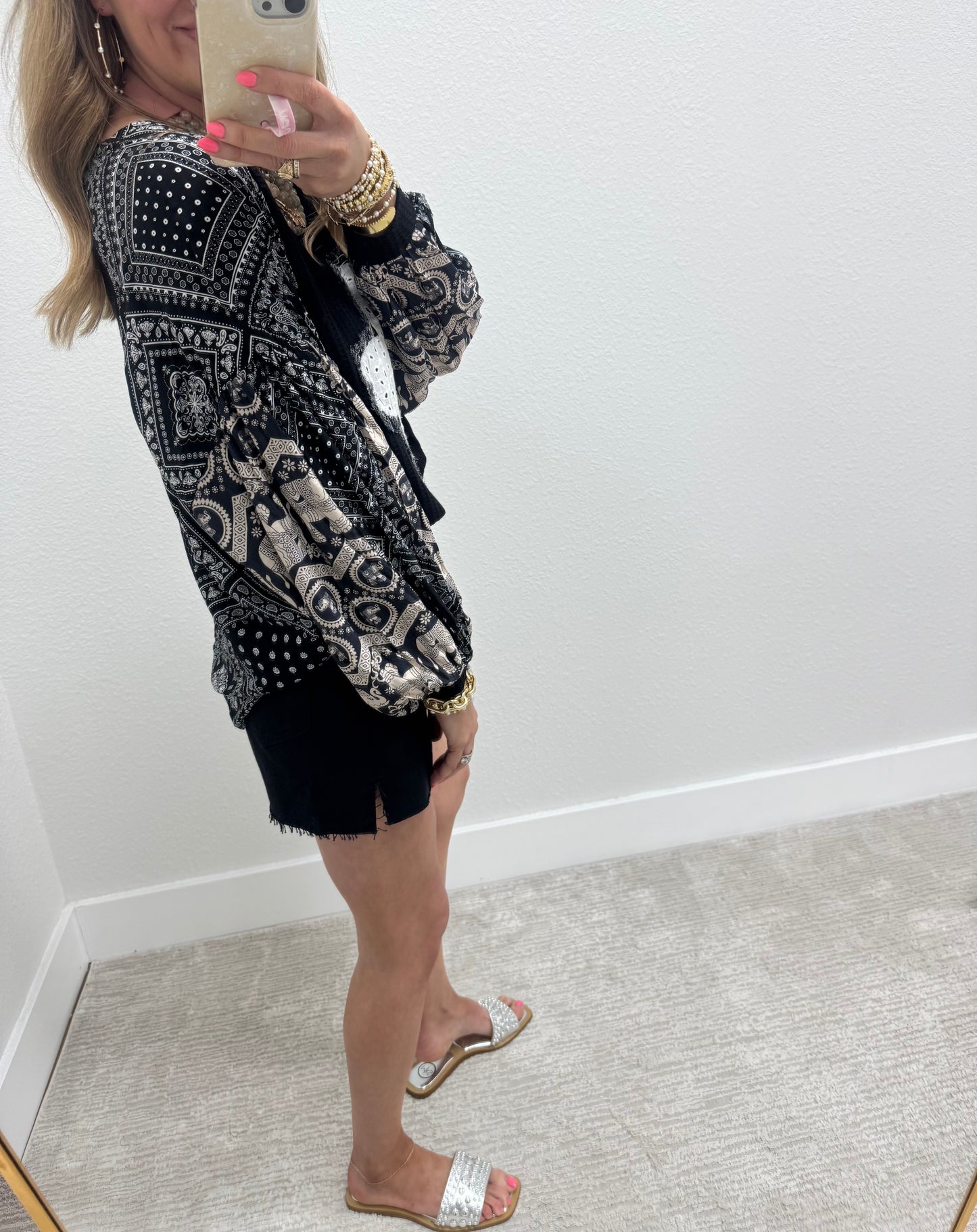 Black Flower Multi Detail Balloon Long Sleeve Top